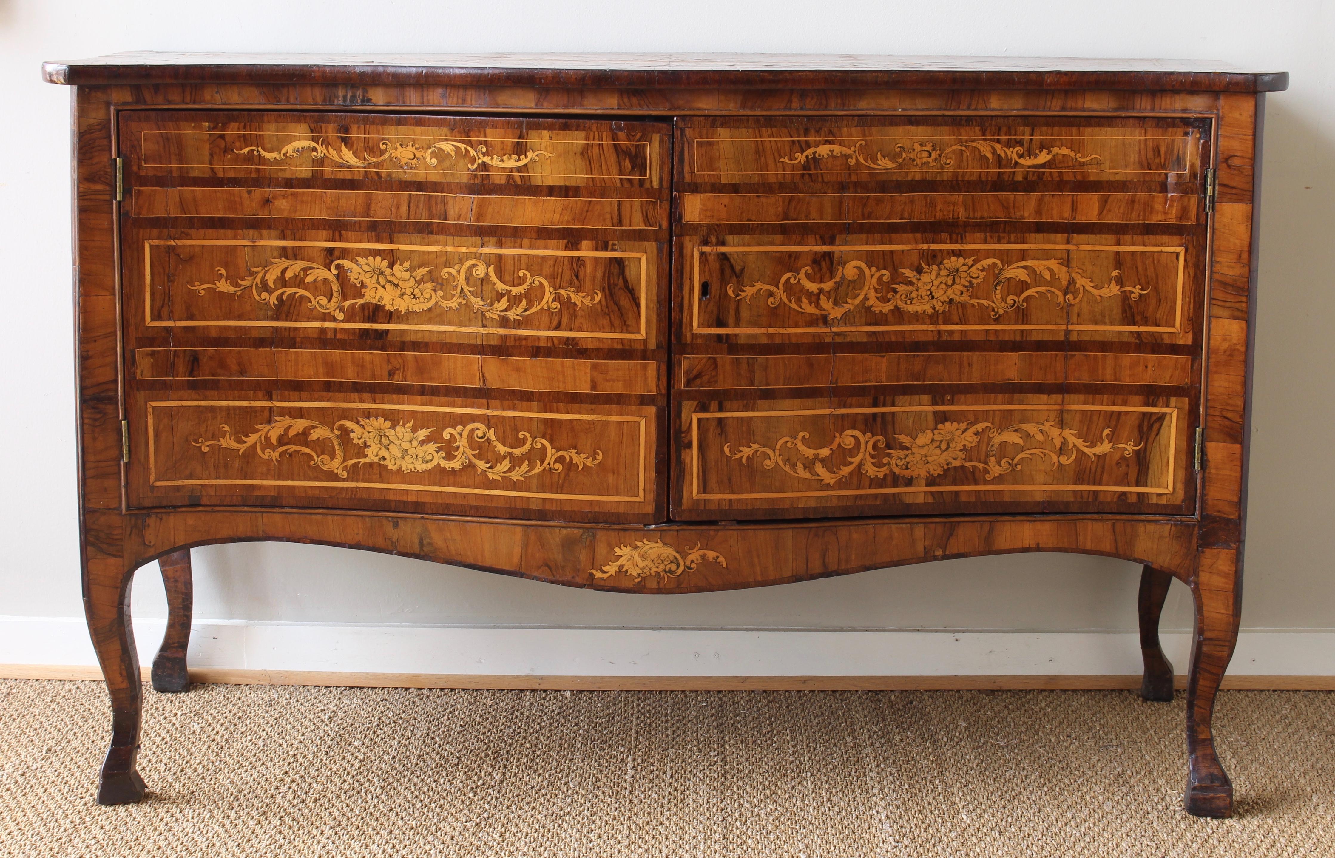 Fruitwood 18th Century Dutch Serpentine Front Marquetry Commode For Sale