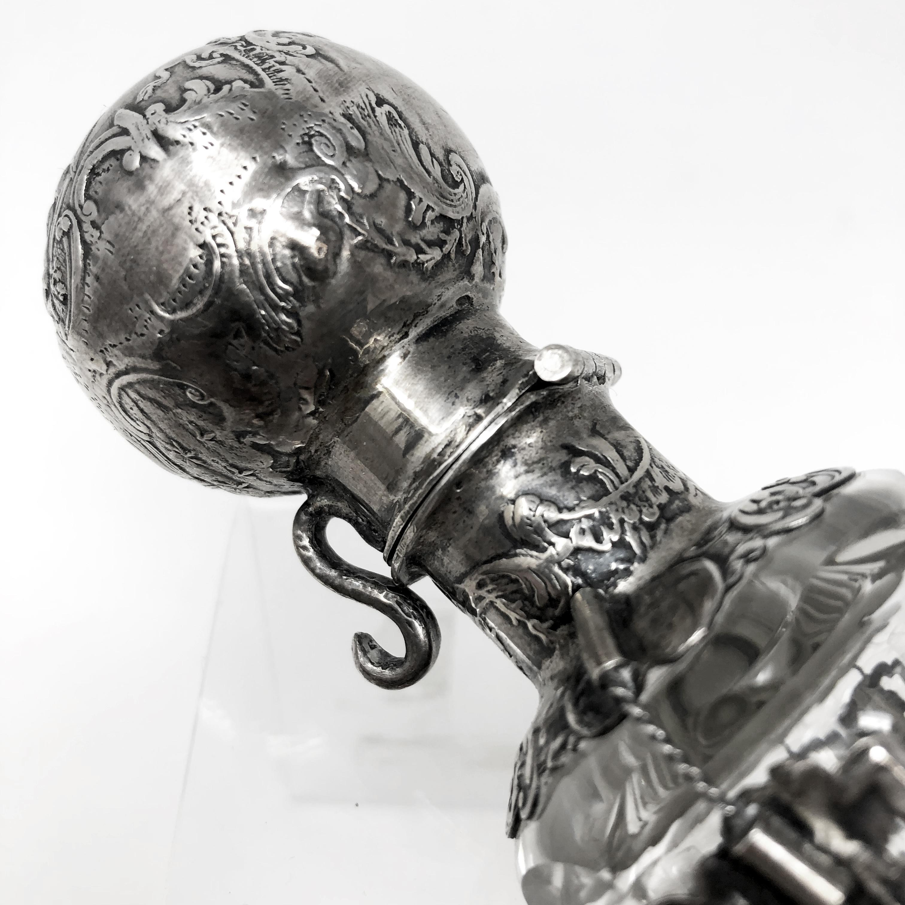 18th Century Dutch Sterling Silver and Cut Crystal Glass Perfume Cylinder Bottle For Sale 3