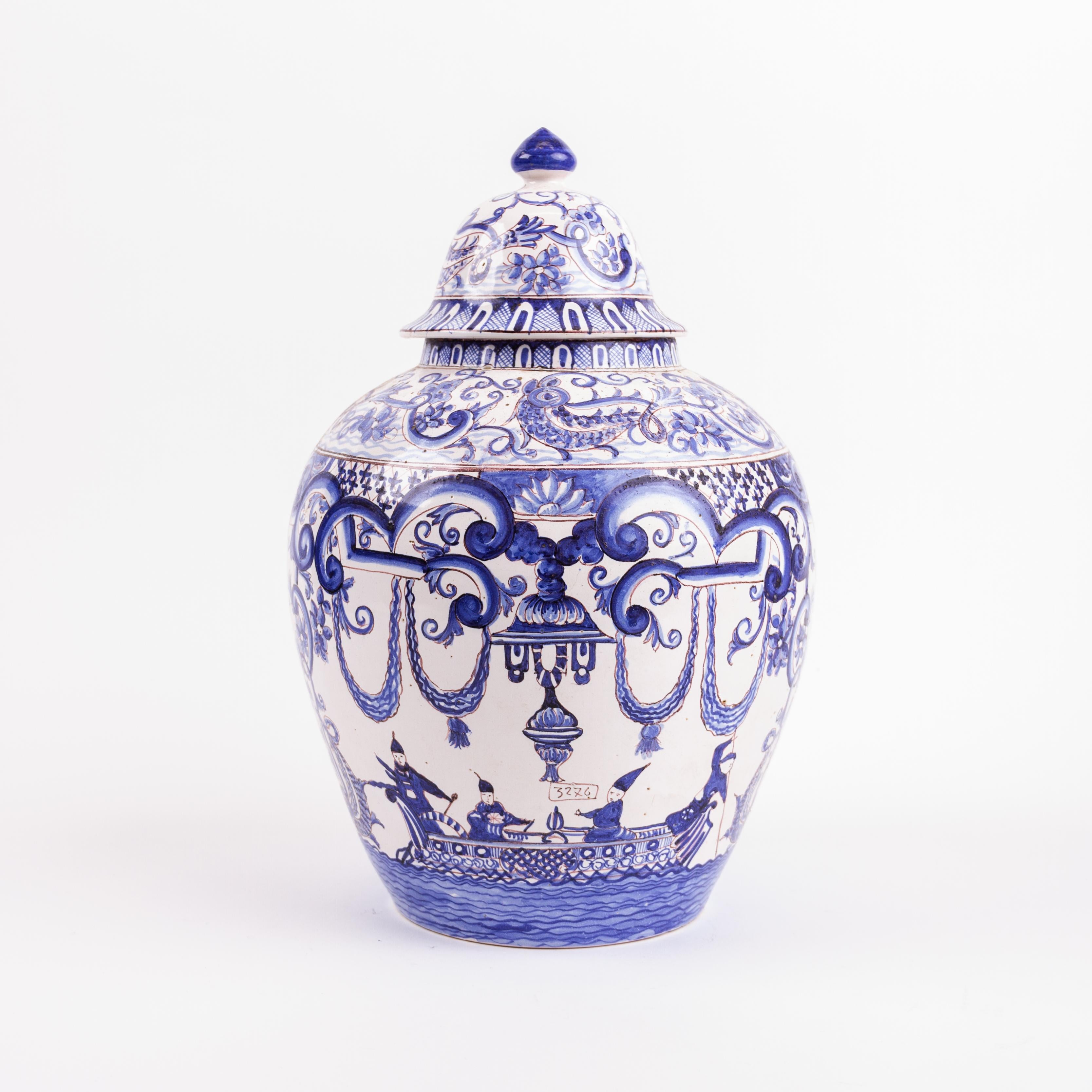 20th Century 18th Century Dutch Style Chinoiserie Porcelain Lidded Ginger Jar  For Sale