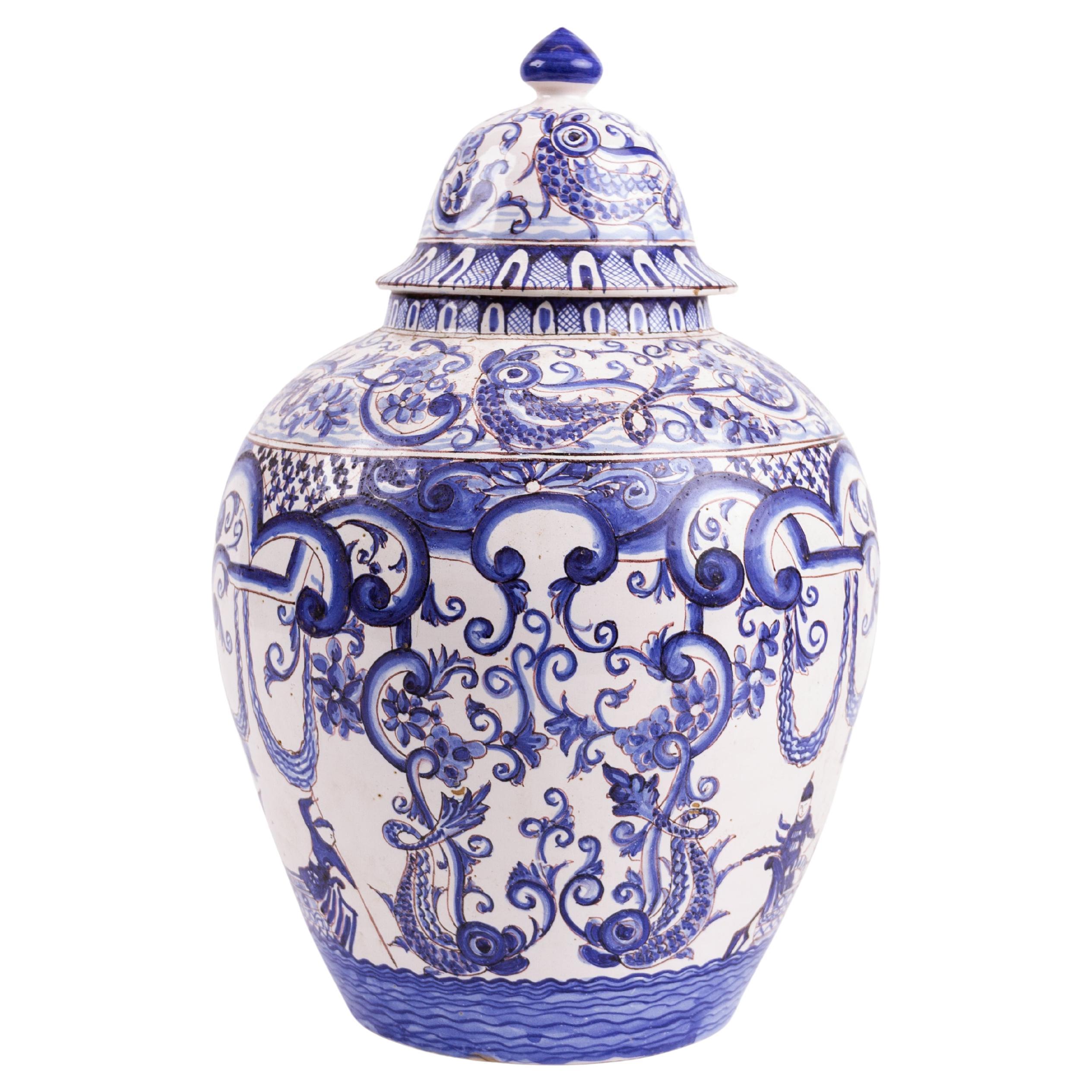 18th Century Dutch Style Chinoiserie Porcelain Lidded Ginger Jar  For Sale