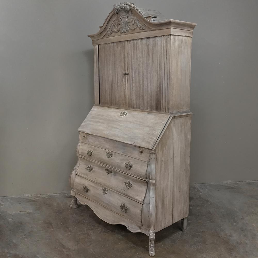 Hand-Carved 18th Century Dutch Tambour Stripped Oak Secretary, Bookcase