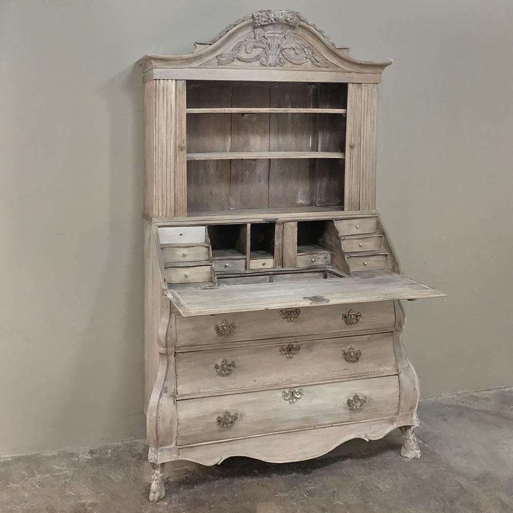 18th Century Dutch Tambour Stripped Oak Secretary, Bookcase In Good Condition In Dallas, TX