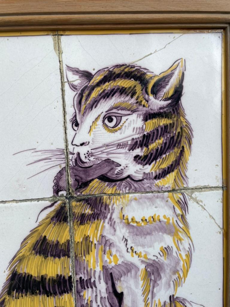 18th Century, Dutch Tile Painting of a Cat with Mouse For Sale 4