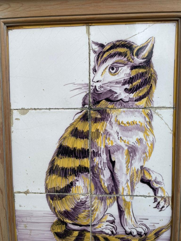18th Century, Dutch Tile Painting of a Cat with Mouse In Good Condition For Sale In Stamford, CT