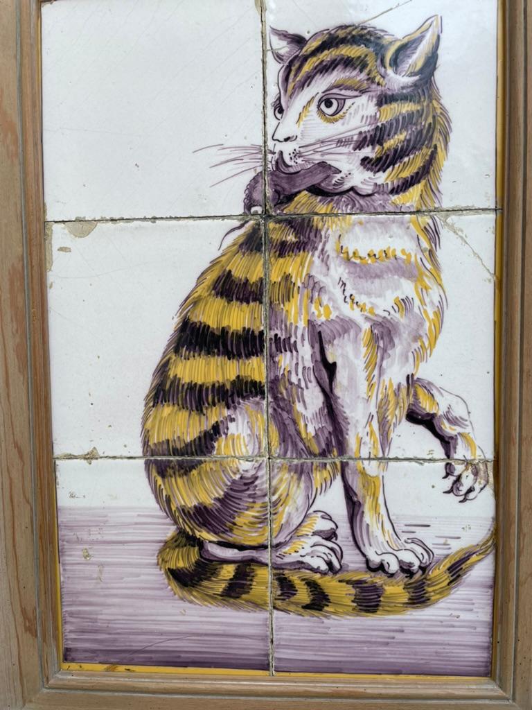 18th Century and Earlier 18th Century, Dutch Tile Painting of a Cat with Mouse For Sale