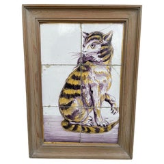 18th Century, Dutch Tile Painting of a Cat with Mouse