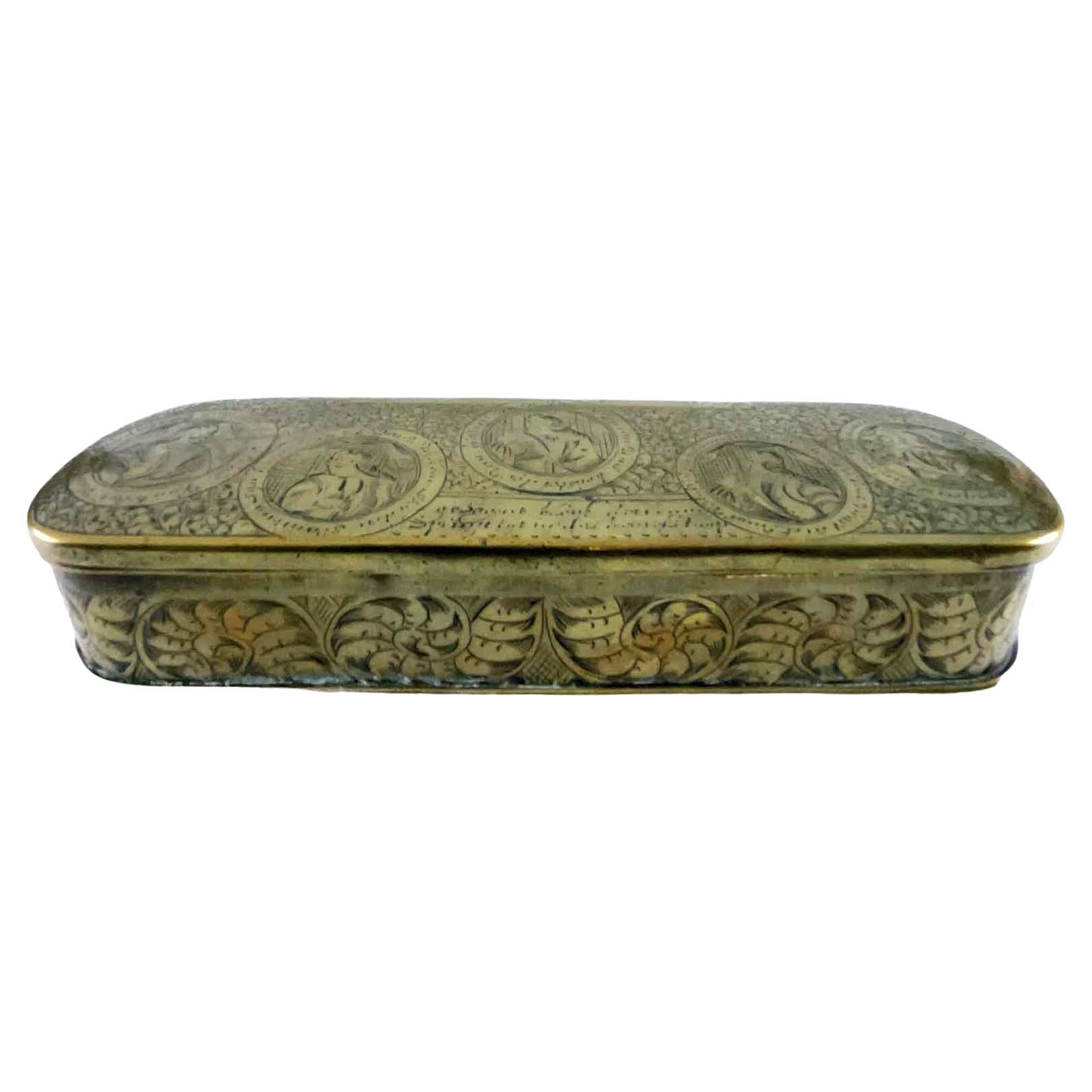 Other 18th Century Dutch Tobacco Box Engraved Brass Snuff Box Brass with Figures For Sale