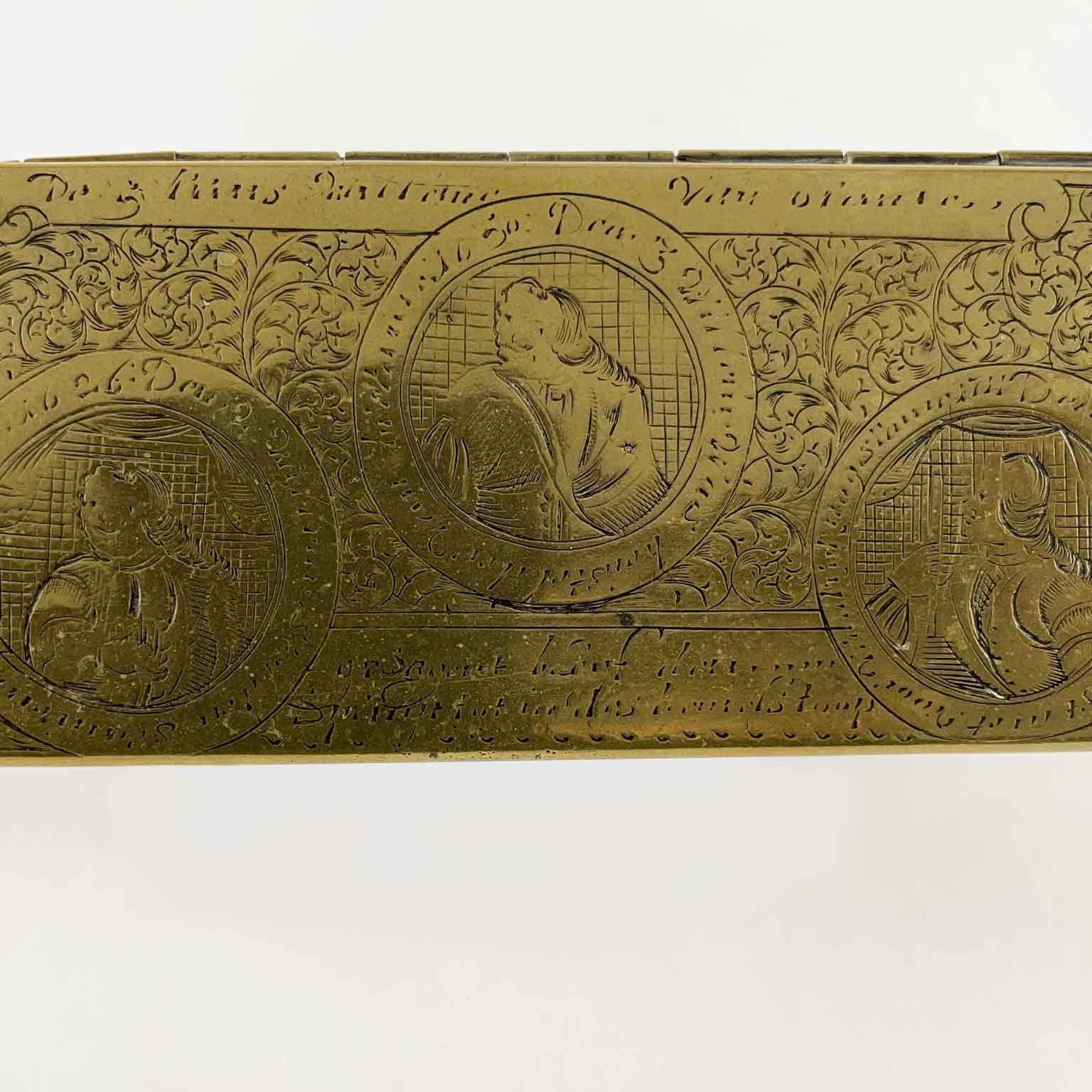 18th Century Dutch Tobacco Box Engraved Brass Snuff Box Brass with Figures For Sale 1