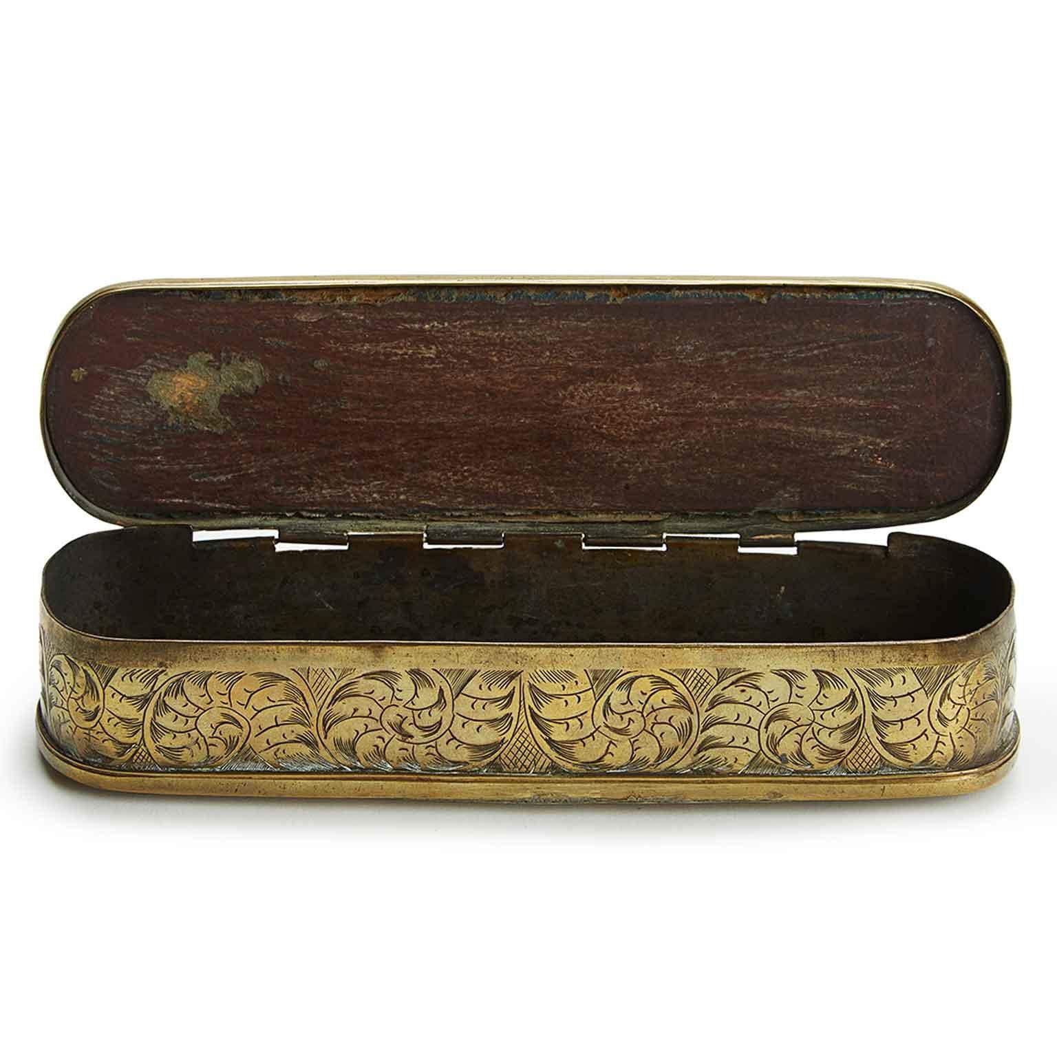 Romantic 18th Century Dutch Tobacco Box Engraved Brass Snuff Box Brass with Figures For Sale