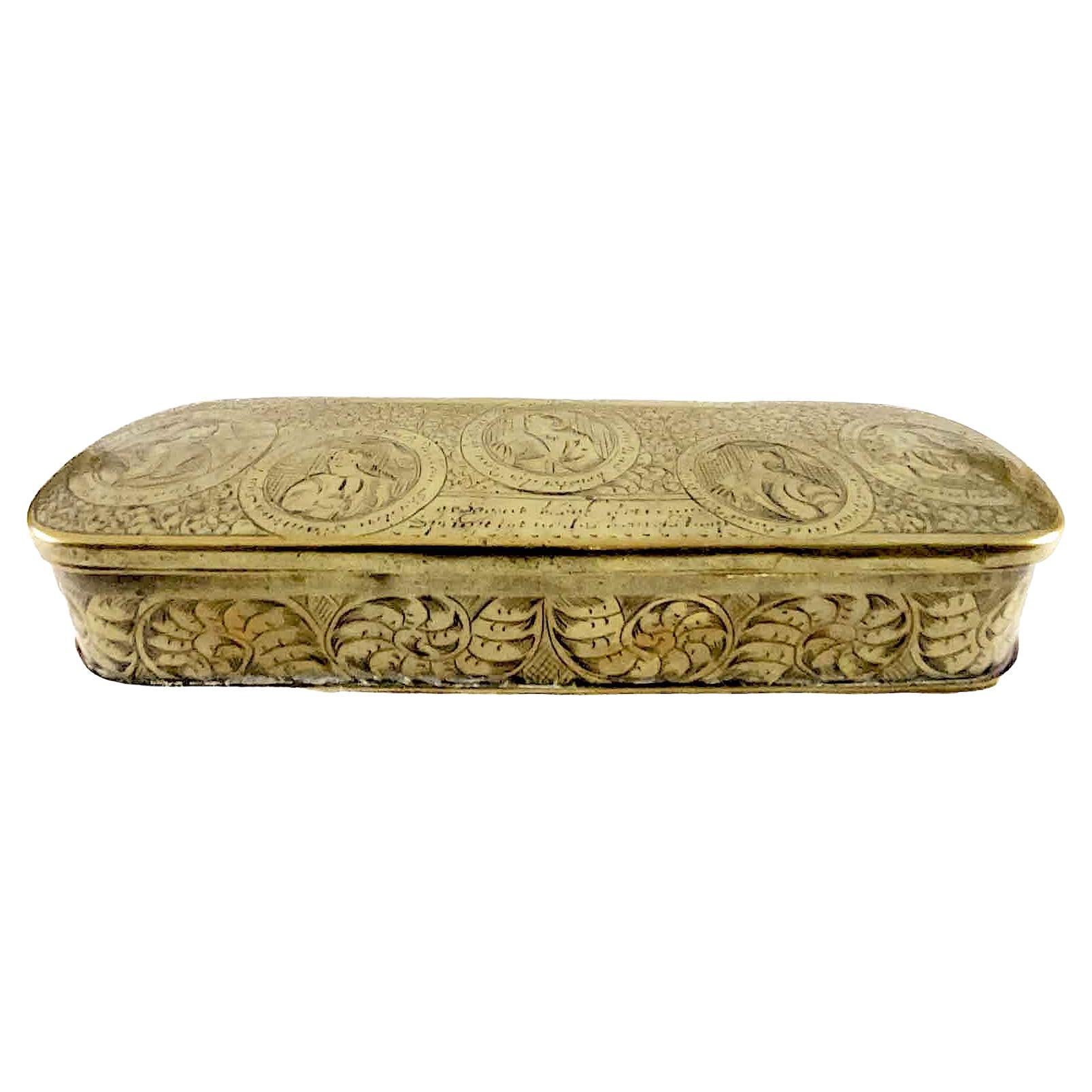 French 18th Century Dutch Tobacco Box Engraved Brass Snuff Box Brass with Figures For Sale