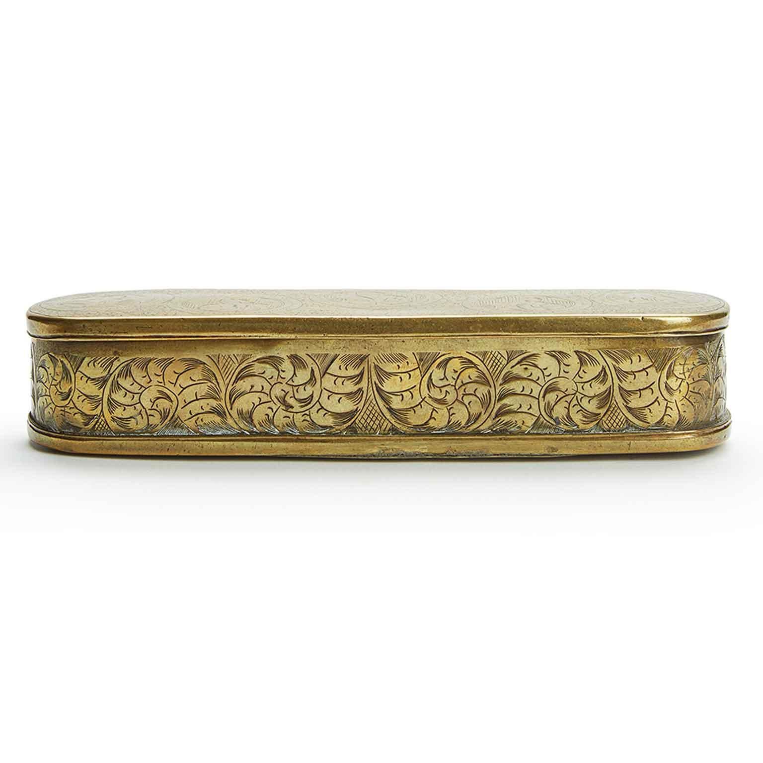 18th Century Dutch Tobacco Box Engraved Brass Snuff Box Brass with Figures For Sale