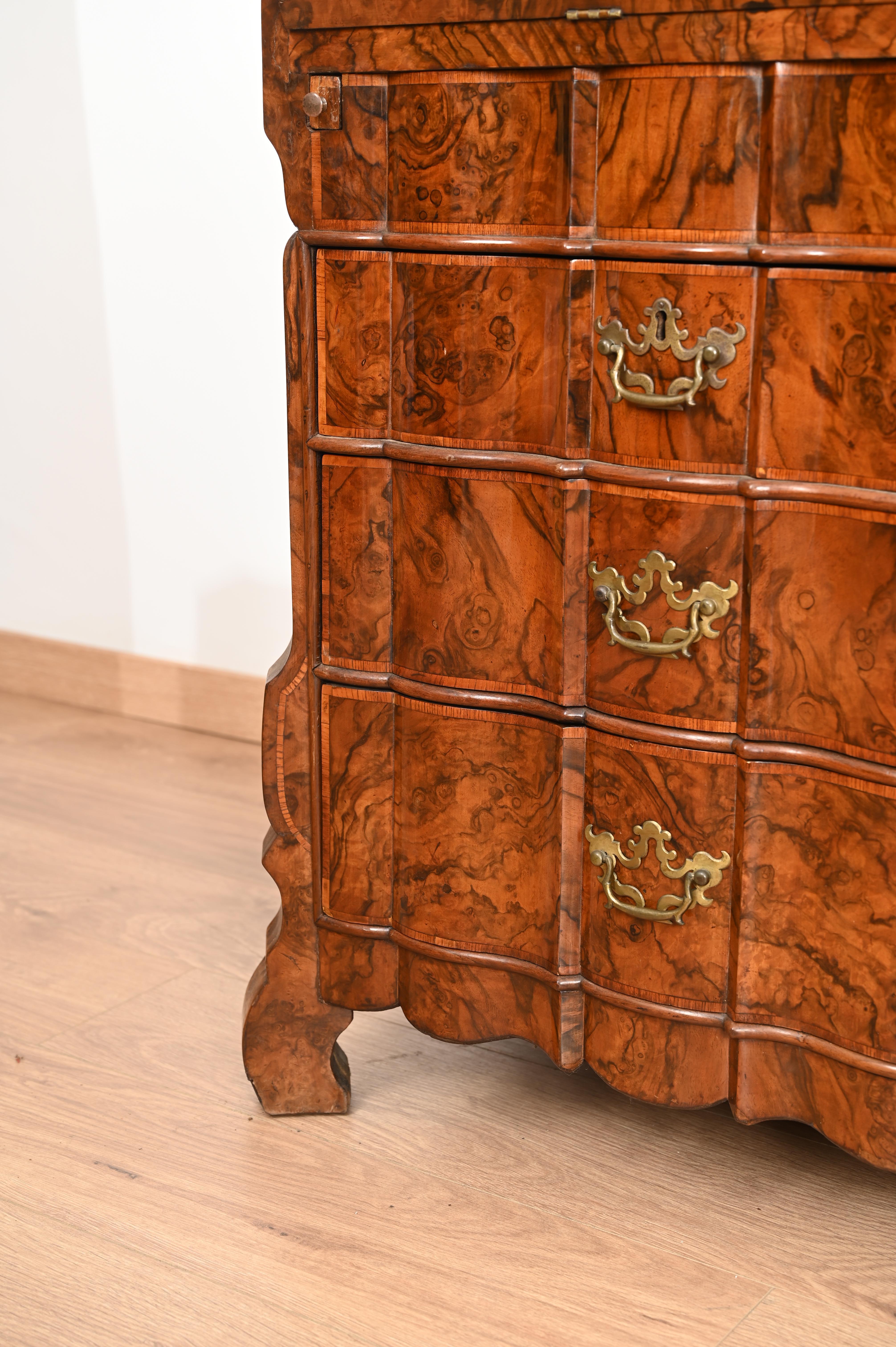 Crystal 18th-Century Dutch Trumeau Cabinet Bookcase in Burl and Bois de Rose early 1700s For Sale