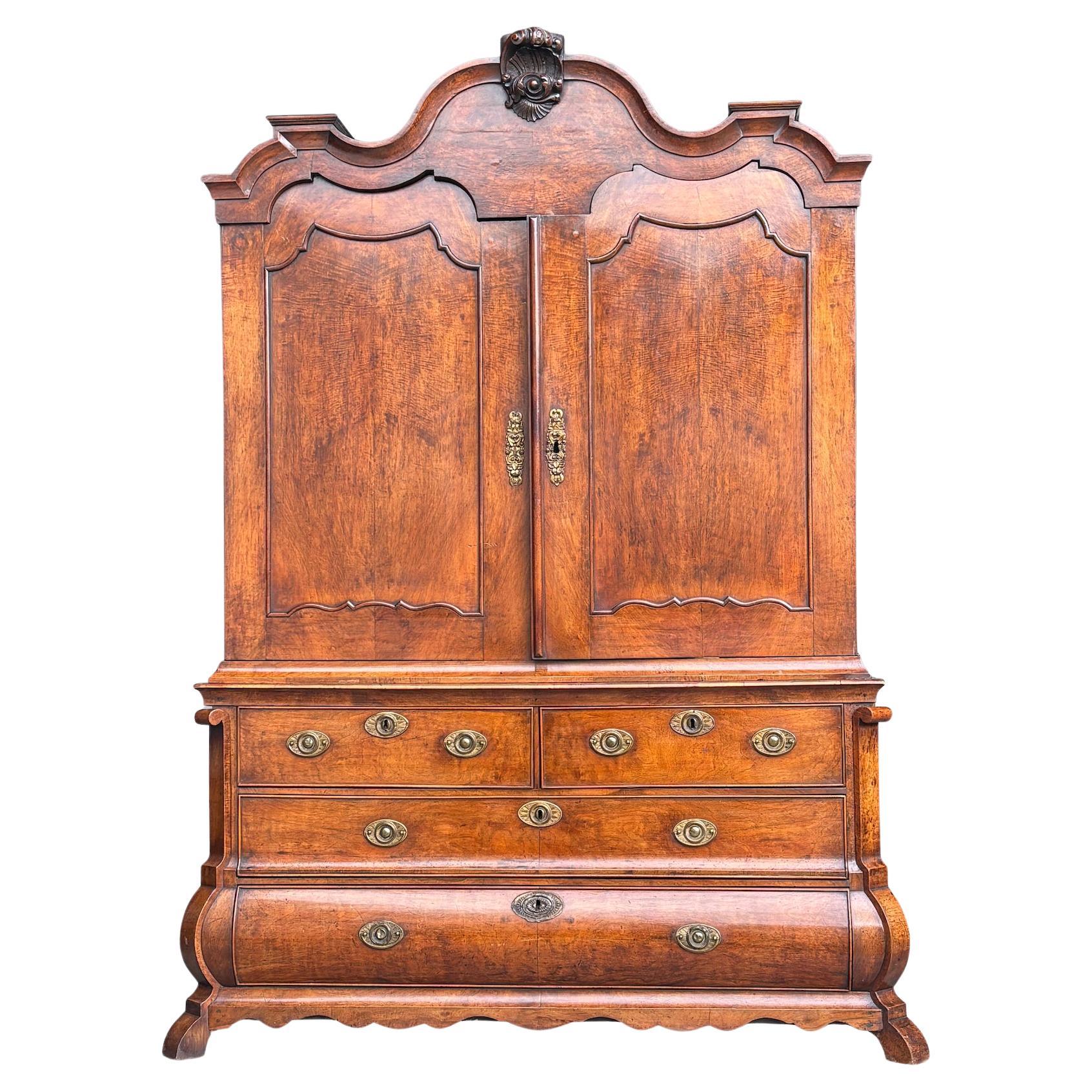 18th Century Dutch Walnut Bombé Cabinet Armoire