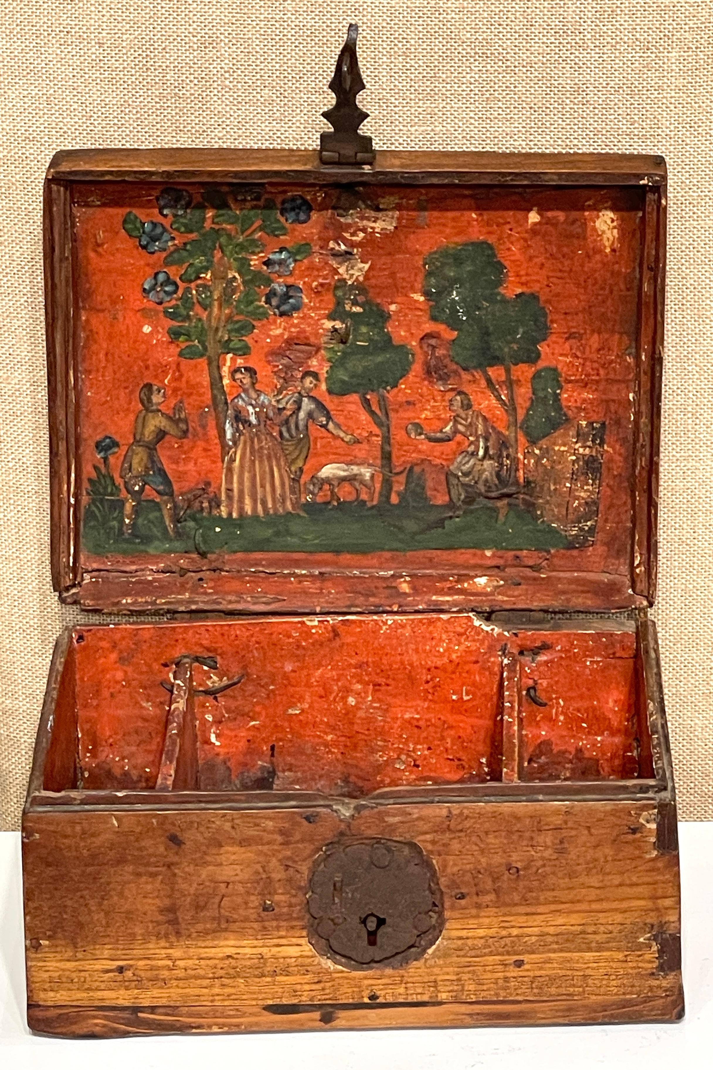 18th-century Dutch Walnut and Iron Polychrome Domed Table Box 
Netherlands, 18th century or older

A 18th-century Dutch walnut and iron polychrome domed table box, likely retaining its original finish, is beautifully rustic and a historic piece from
