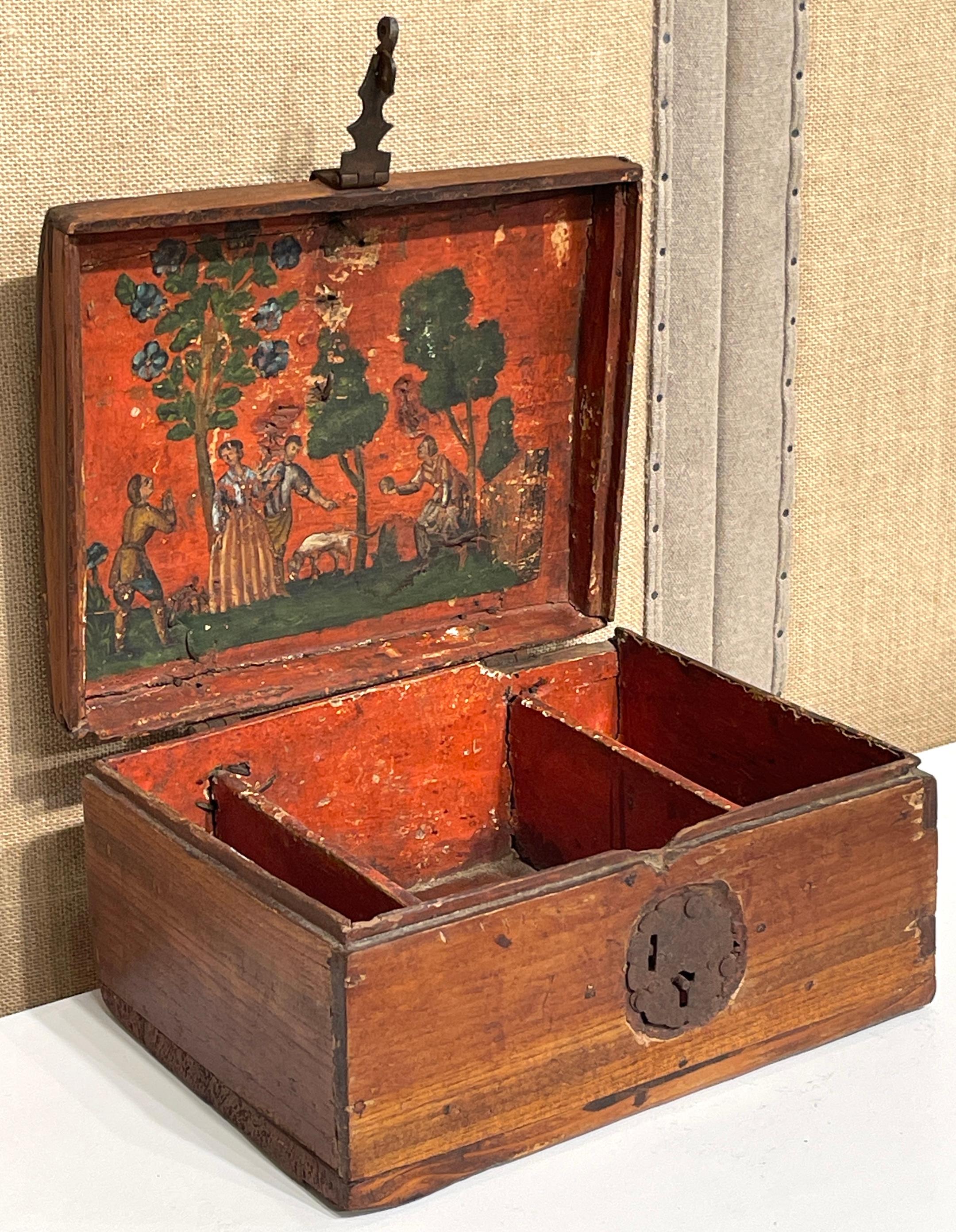 Baroque 18th Century Dutch Walnut & Iron Polychromed Domed Table Box For Sale