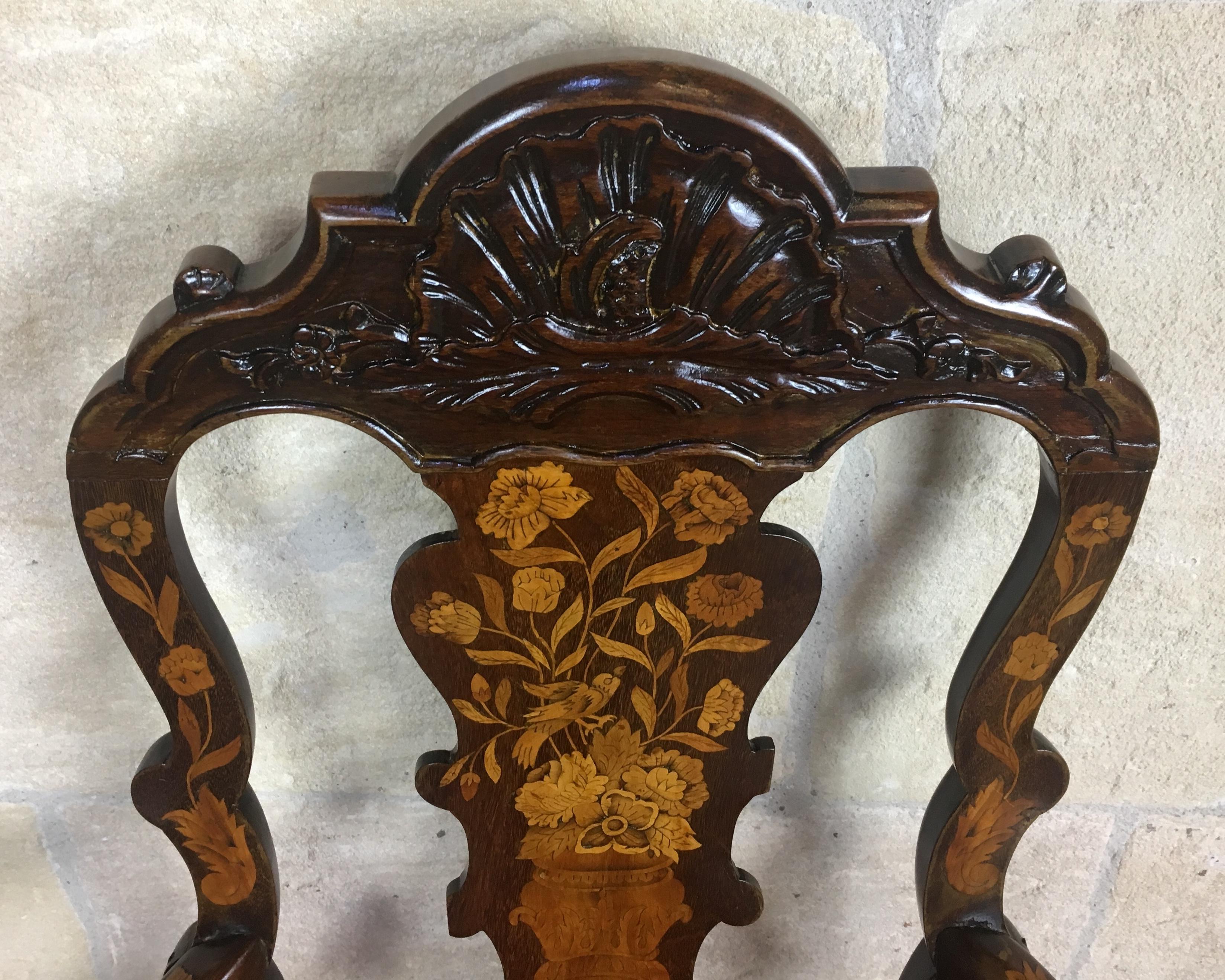 Niederländischer Sessel aus Nussbaum und Palisanderholz aus dem 18. Jahrhundert, außergewöhnliche Intarsienarbeit und Schnitzerei 4