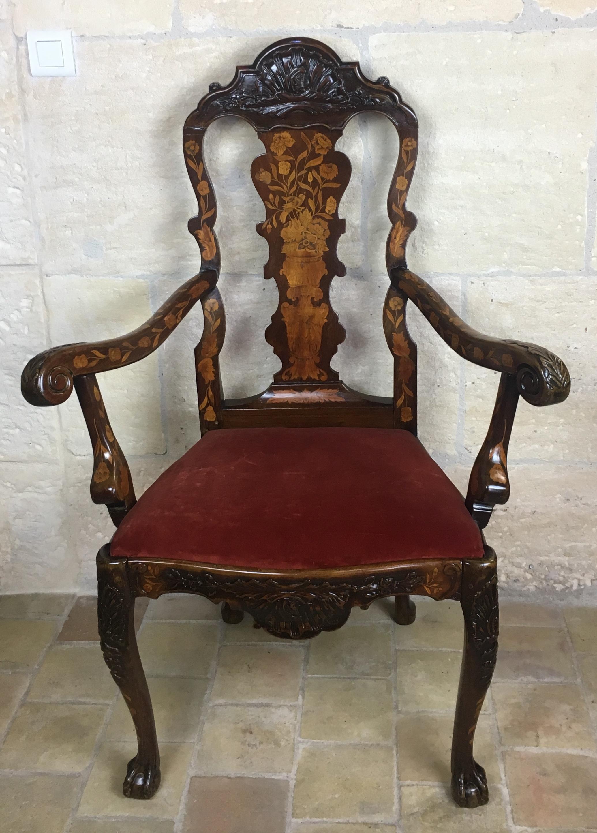 Niederländischer Sessel aus Nussbaum und Palisanderholz aus dem 18. Jahrhundert, außergewöhnliche Intarsienarbeit und Schnitzerei 2