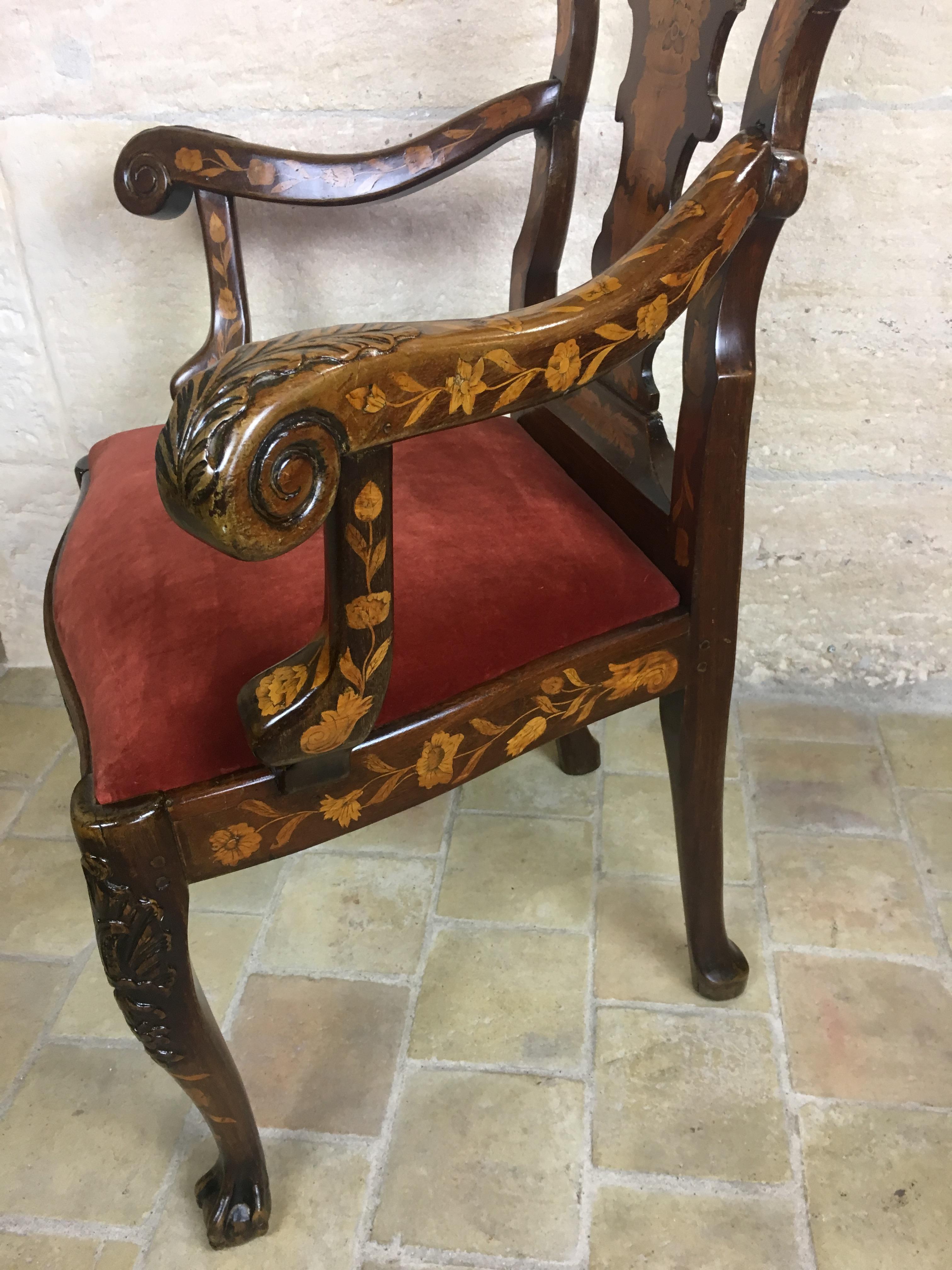 Niederländischer Sessel aus Nussbaum und Palisanderholz aus dem 18. Jahrhundert, außergewöhnliche Intarsienarbeit und Schnitzerei 3