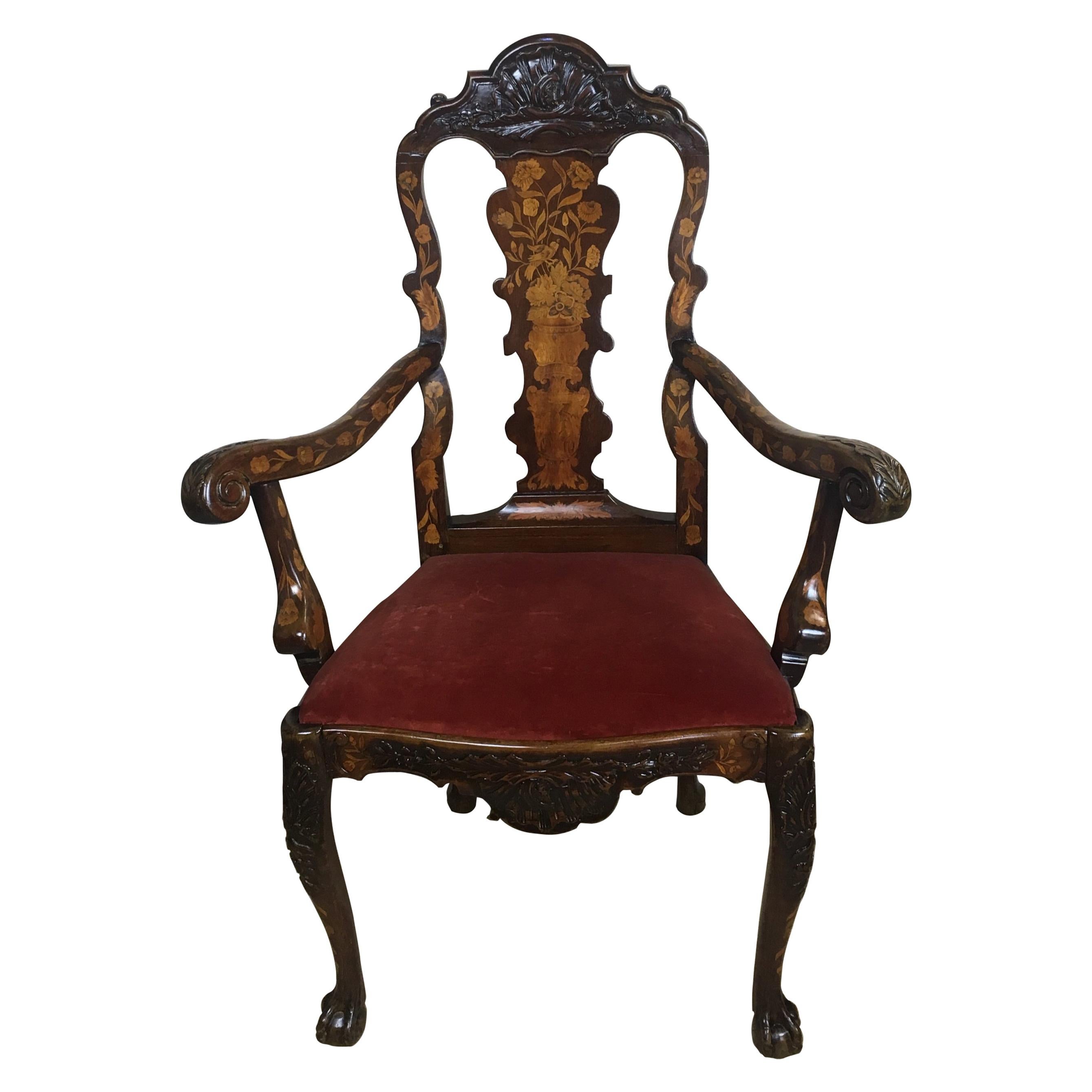 Niederländischer Sessel aus Nussbaum und Palisanderholz aus dem 18. Jahrhundert, außergewöhnliche Intarsienarbeit und Schnitzerei