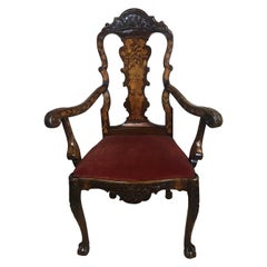 Fauteuil néerlandais du 18ème siècle en noyer et bois de rose, marqueterie et sculpture exceptionnelles