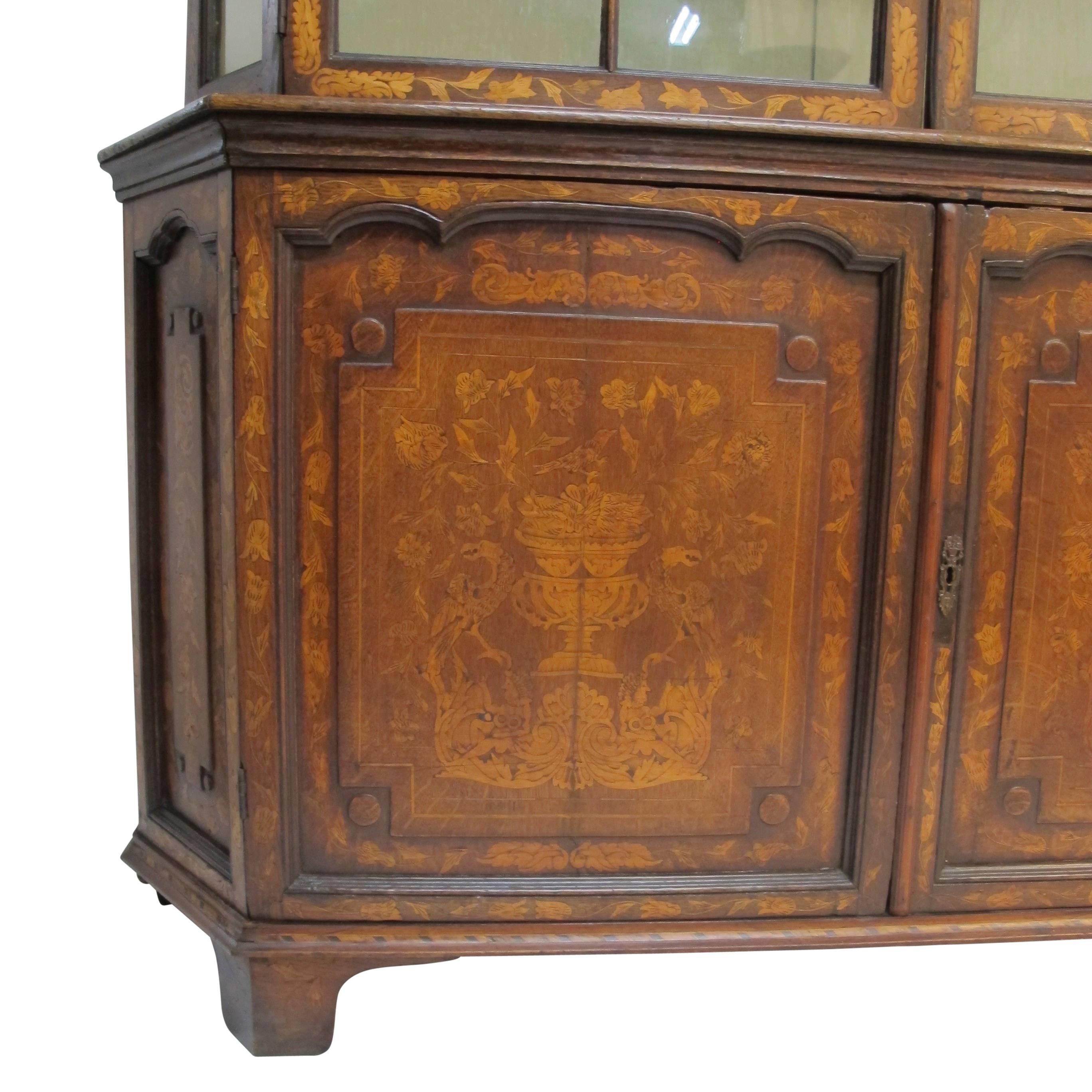 18th Century Dutch Walnut with Fruitwood Inlay Marquetry Cabinet Breakfront In Excellent Condition In San Francisco, CA