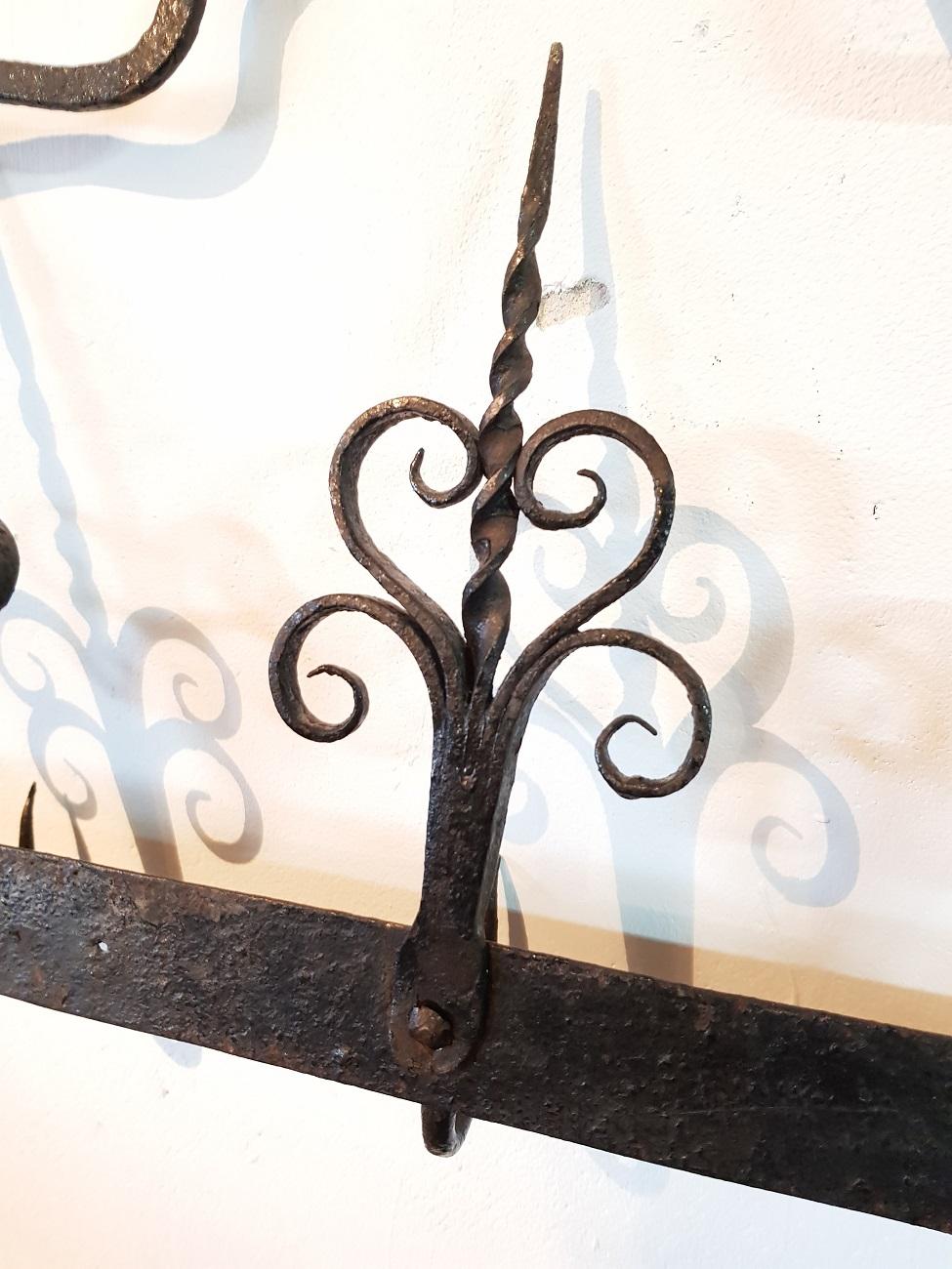 18th Century and Earlier 18th Century Dutch Wrought Iron Wall Rack for Fireplace Tools