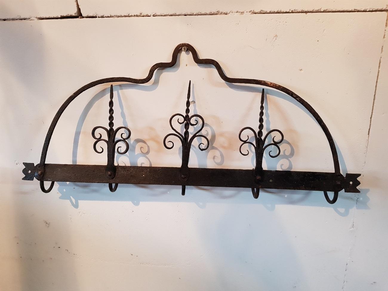 18th Century Dutch Wrought Iron Wall Rack for Fireplace Tools 2