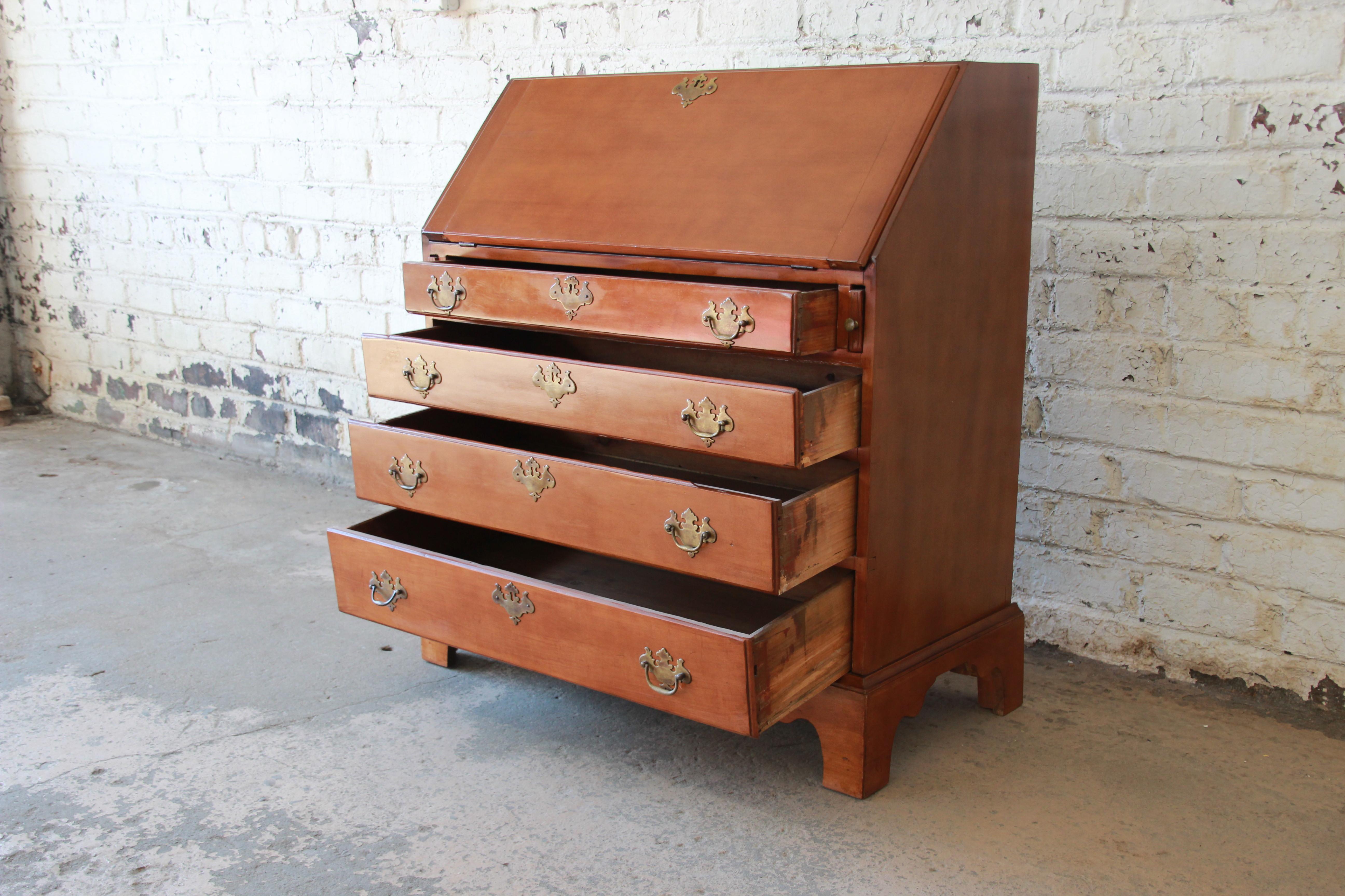 Brass 18th Century Early American Chippendale Cherrywood Drop-Front Secretary Desk