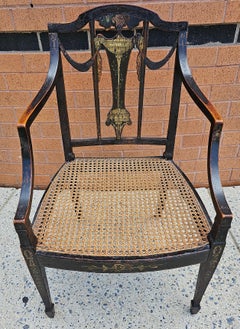 18th Century Ebonized and Inlays Decorated Cane Seat Armchair