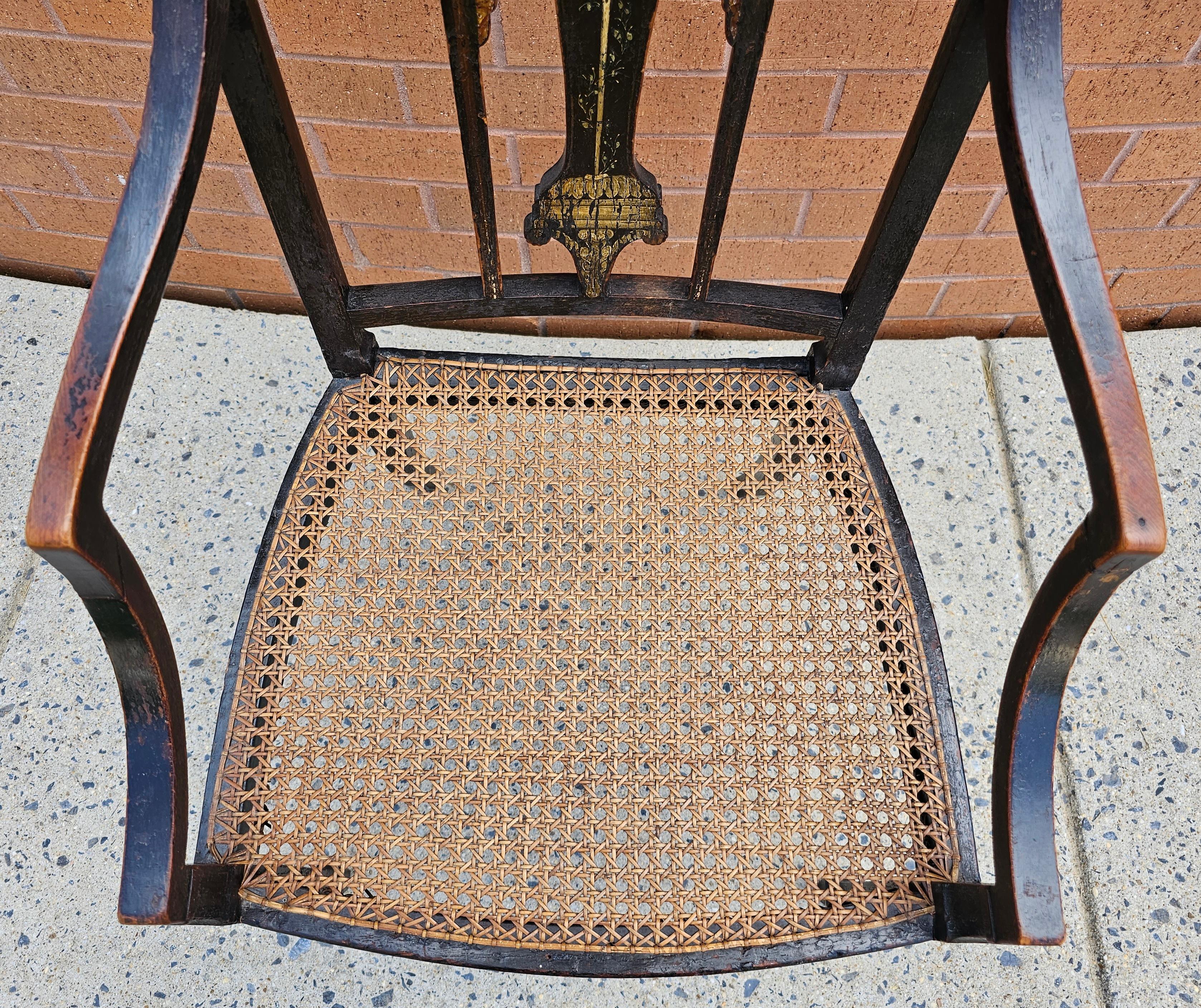 Chippendale 18th Century Ebonized and Inlays Decorated Cane Seat Armchair For Sale
