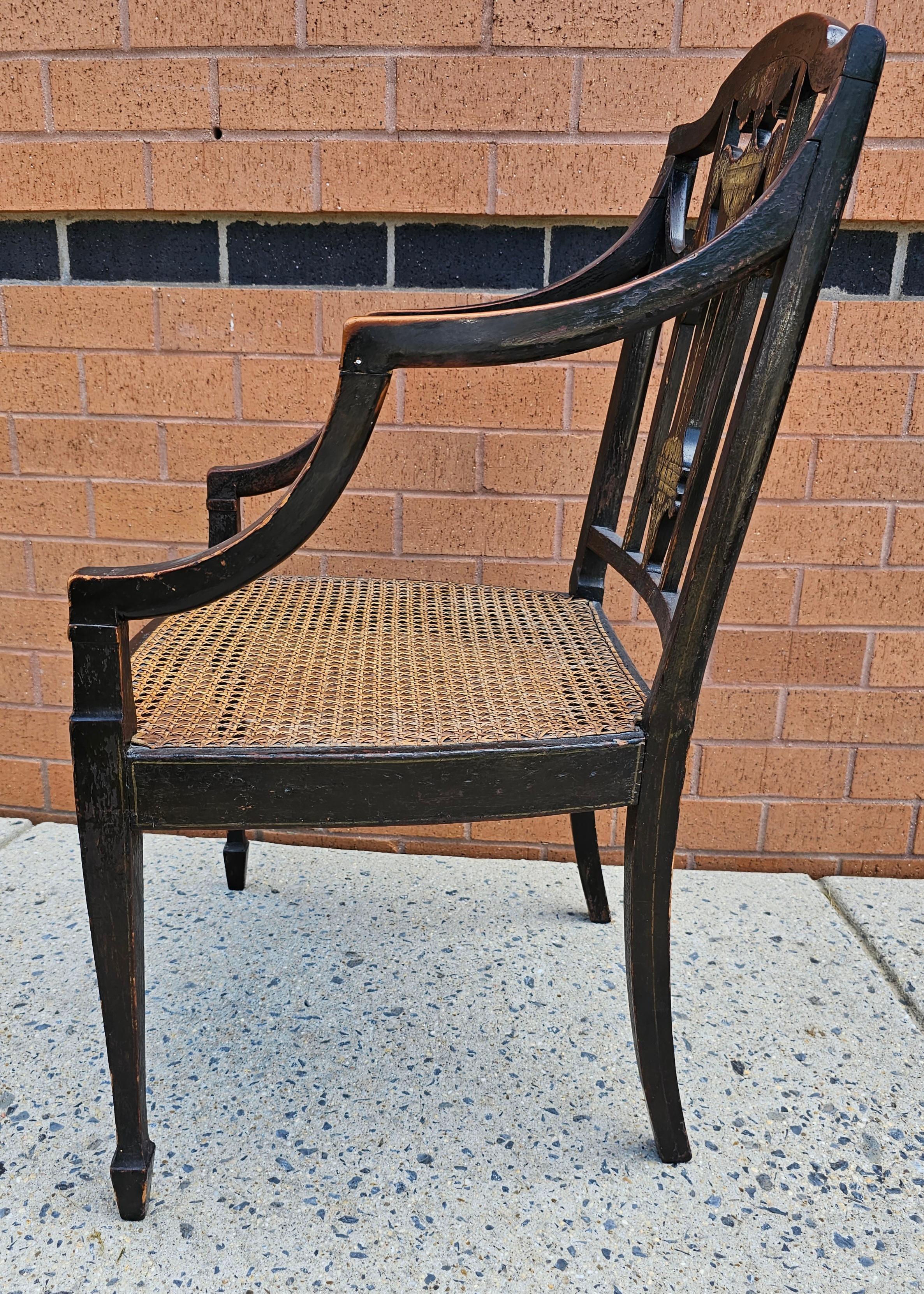 Caning 18th Century Ebonized and Inlays Decorated Cane Seat Armchair For Sale
