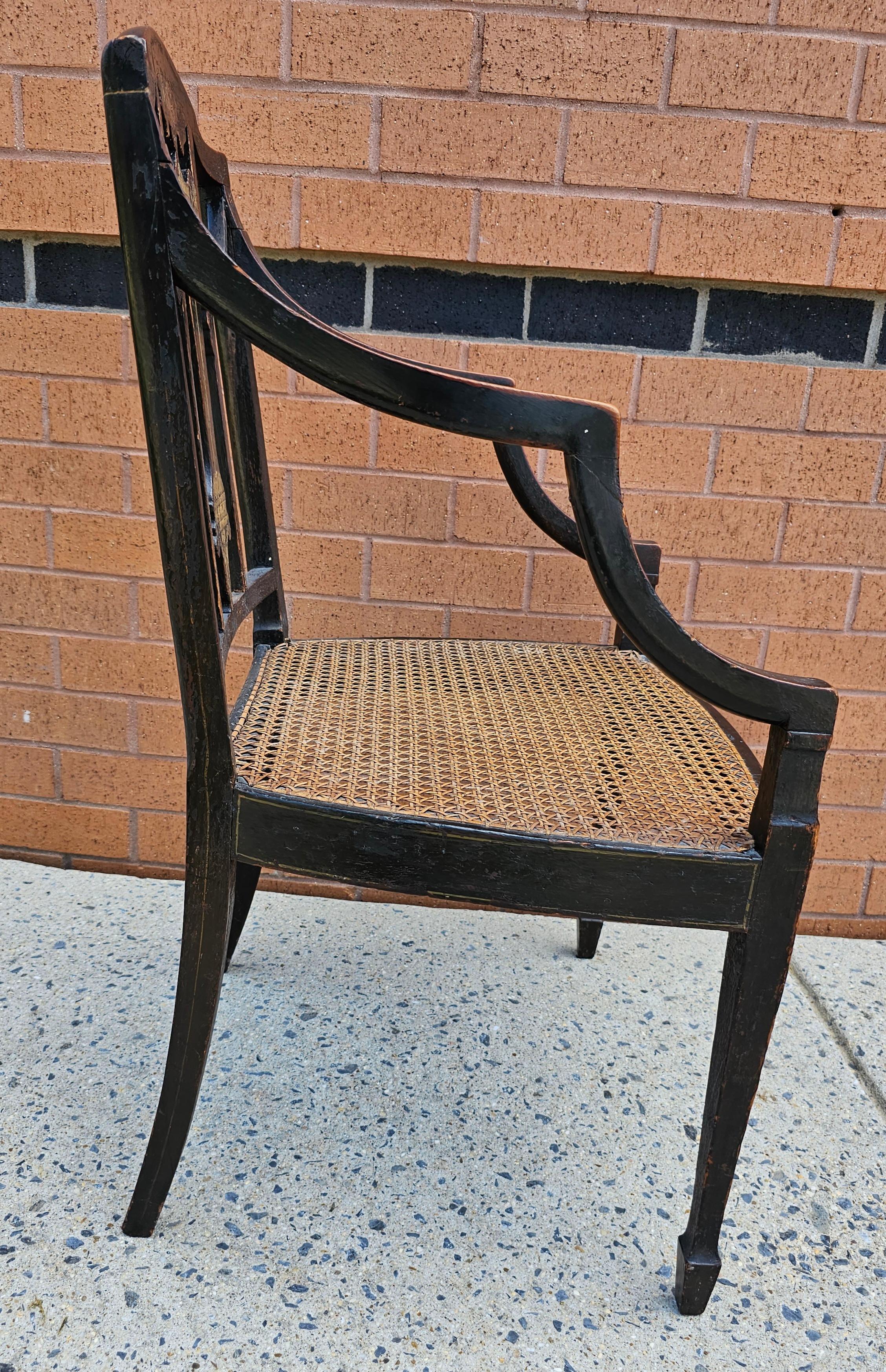 18th Century Ebonized and Inlays Decorated Cane Seat Armchair In Good Condition For Sale In Germantown, MD