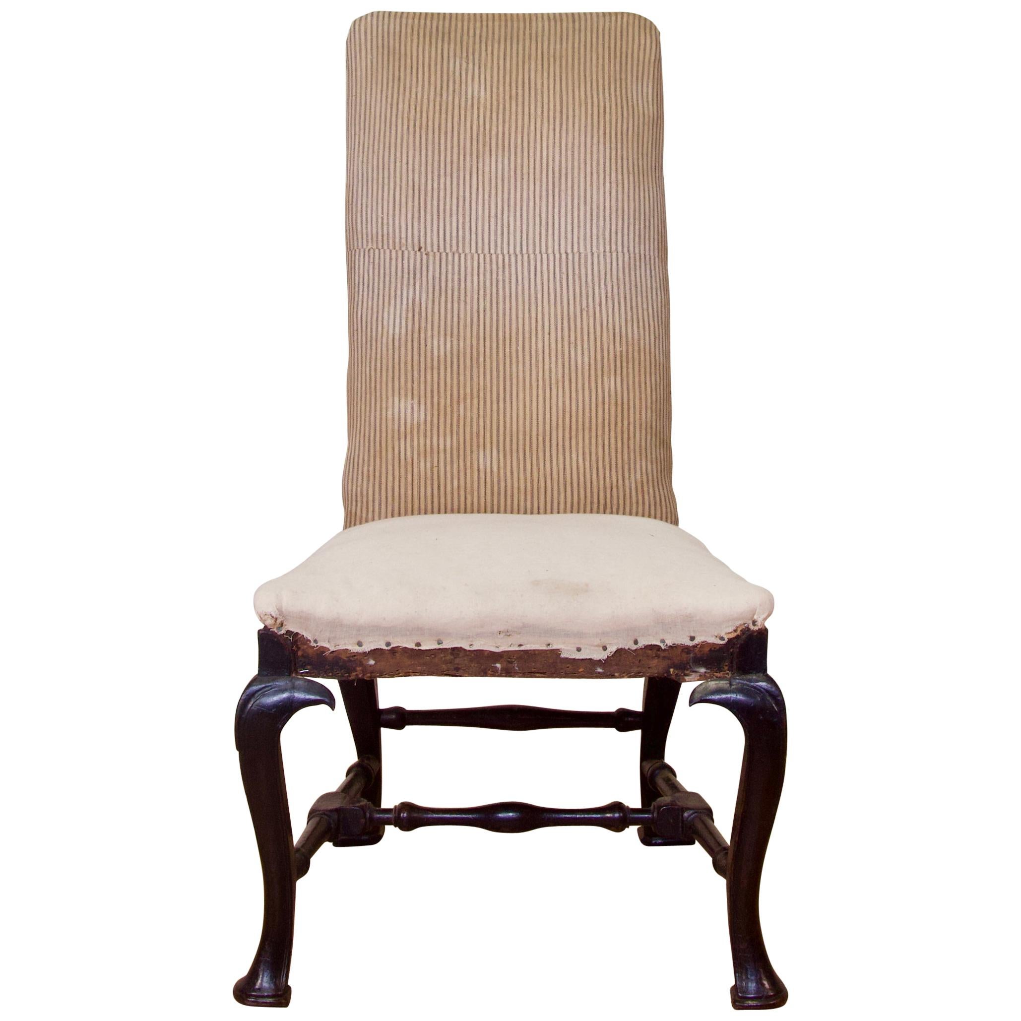18th Century Ebonized and Upholstered Queen Anne Side Chair, High Back