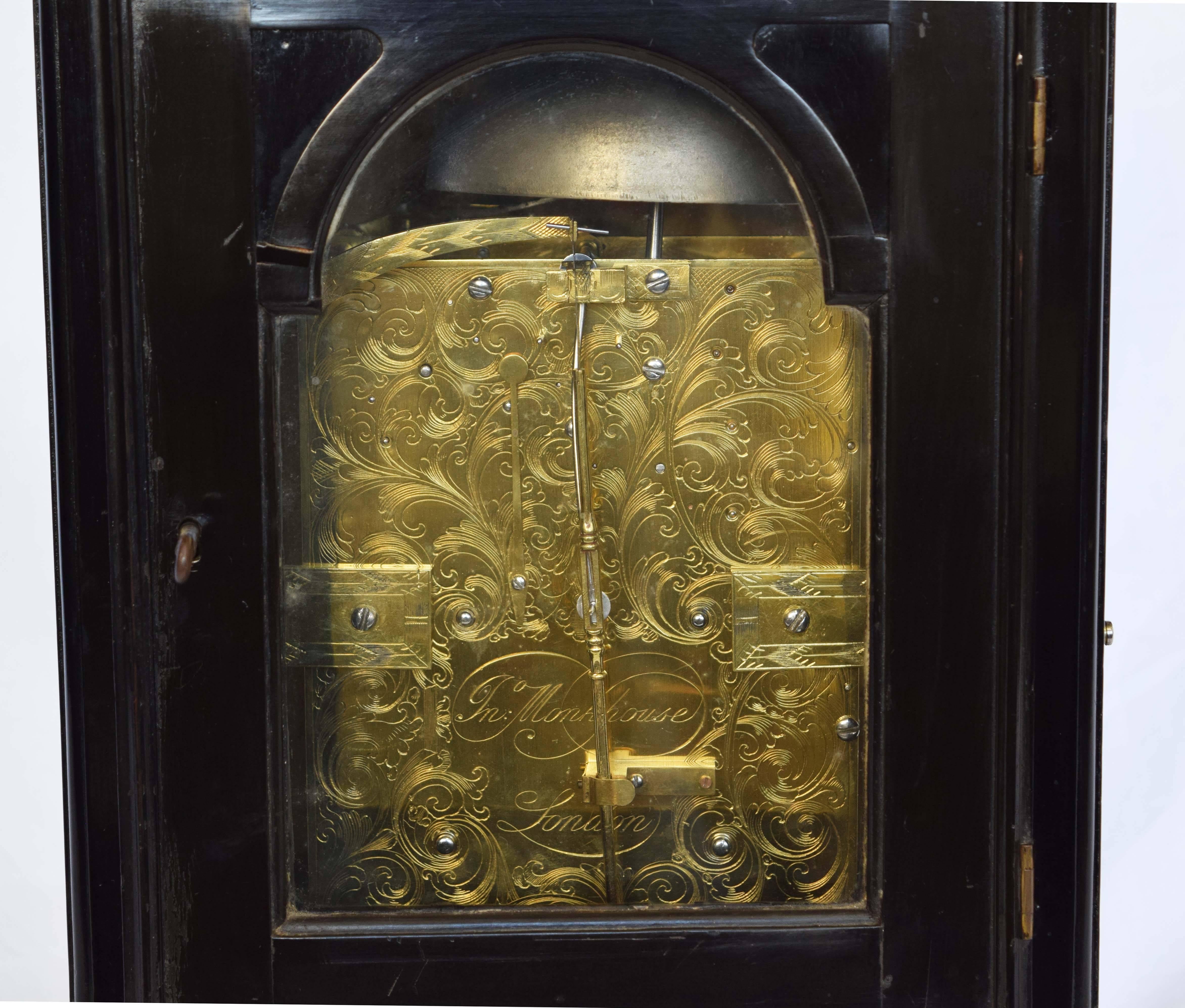 18th Century Ebonized Bracket Clock by John Monkhouse In Excellent Condition For Sale In Banksmeadow, NSW