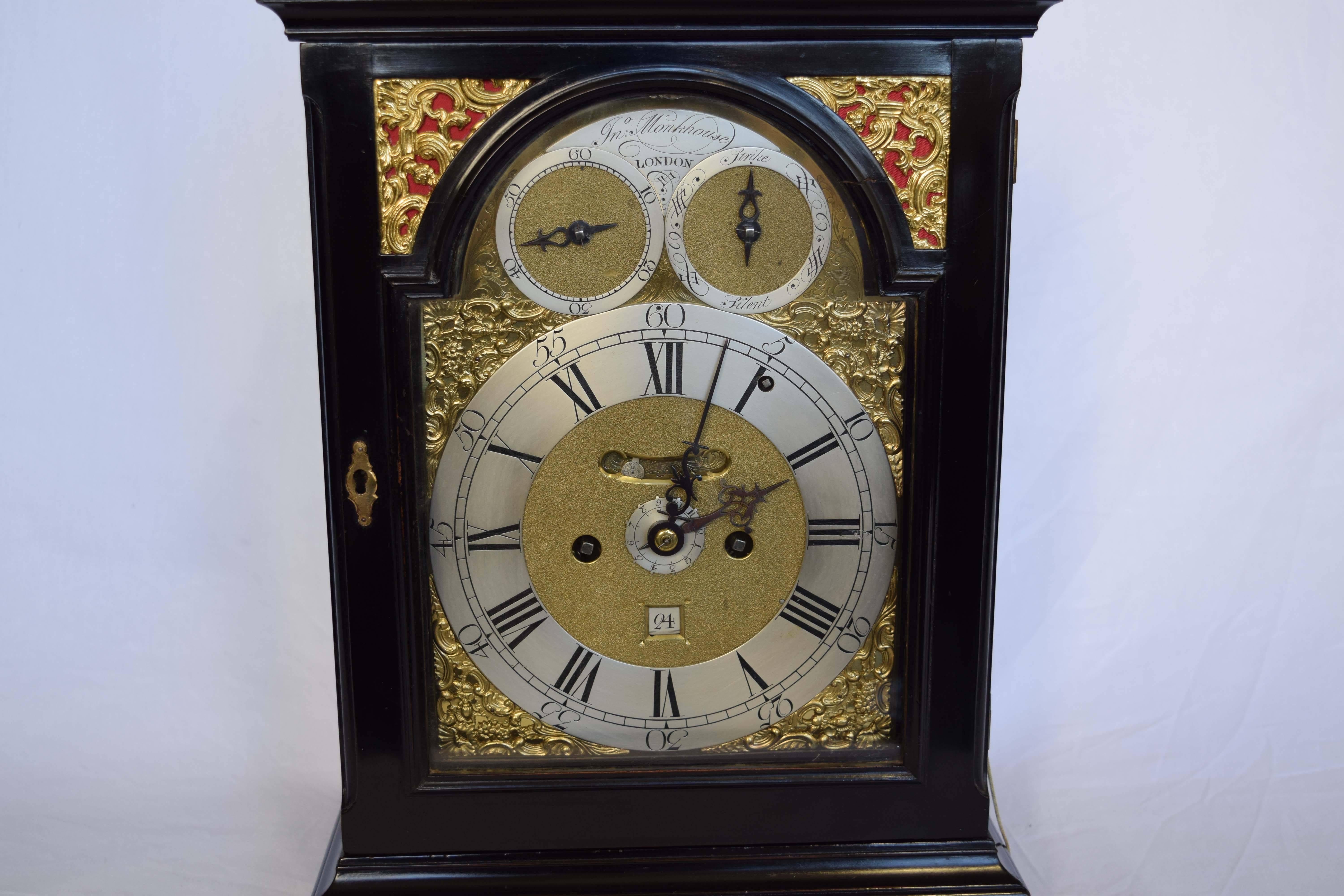Mid-18th Century 18th Century Ebonized Bracket Clock by John Monkhouse For Sale