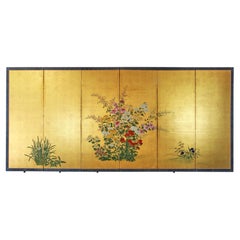 18th Century Edo Japanese Folding Screen Six Panels "Rinpa School" Gold Leaf