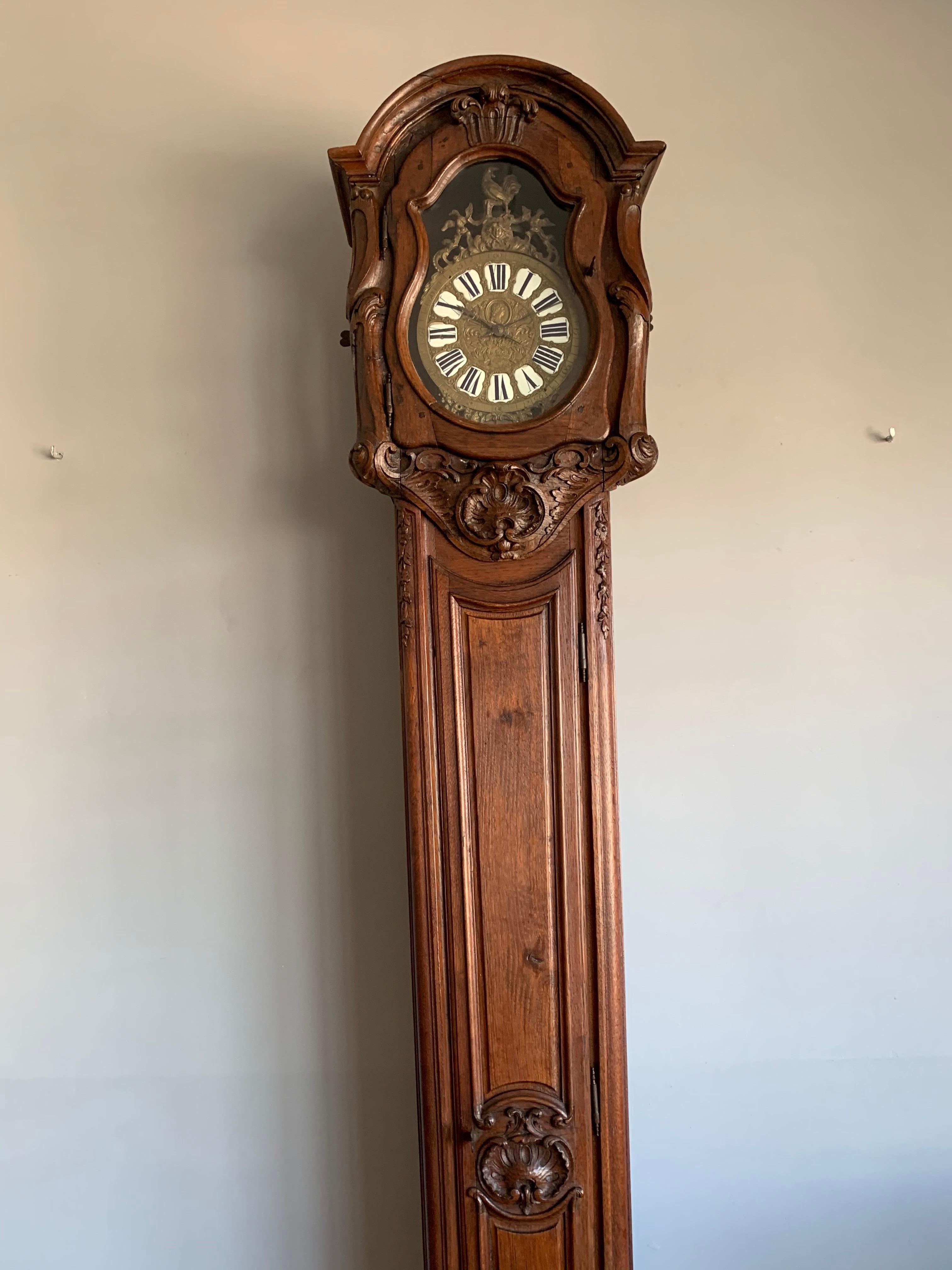 18th Century Elegant French Louis XIV Hand Carved Tall Case Clock with Rooster For Sale 6