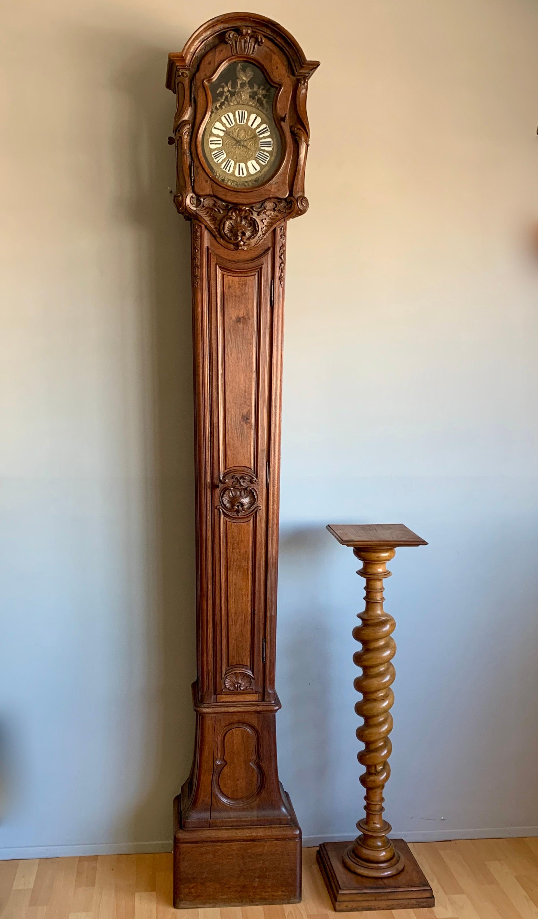 Stunning and completely original, antique oak grandfather or lantern clock, circa 1750.

This very old grandfather clock is one of the tallest we have ever seen and it has an amazingly elegant and slim design. It also features some of the most