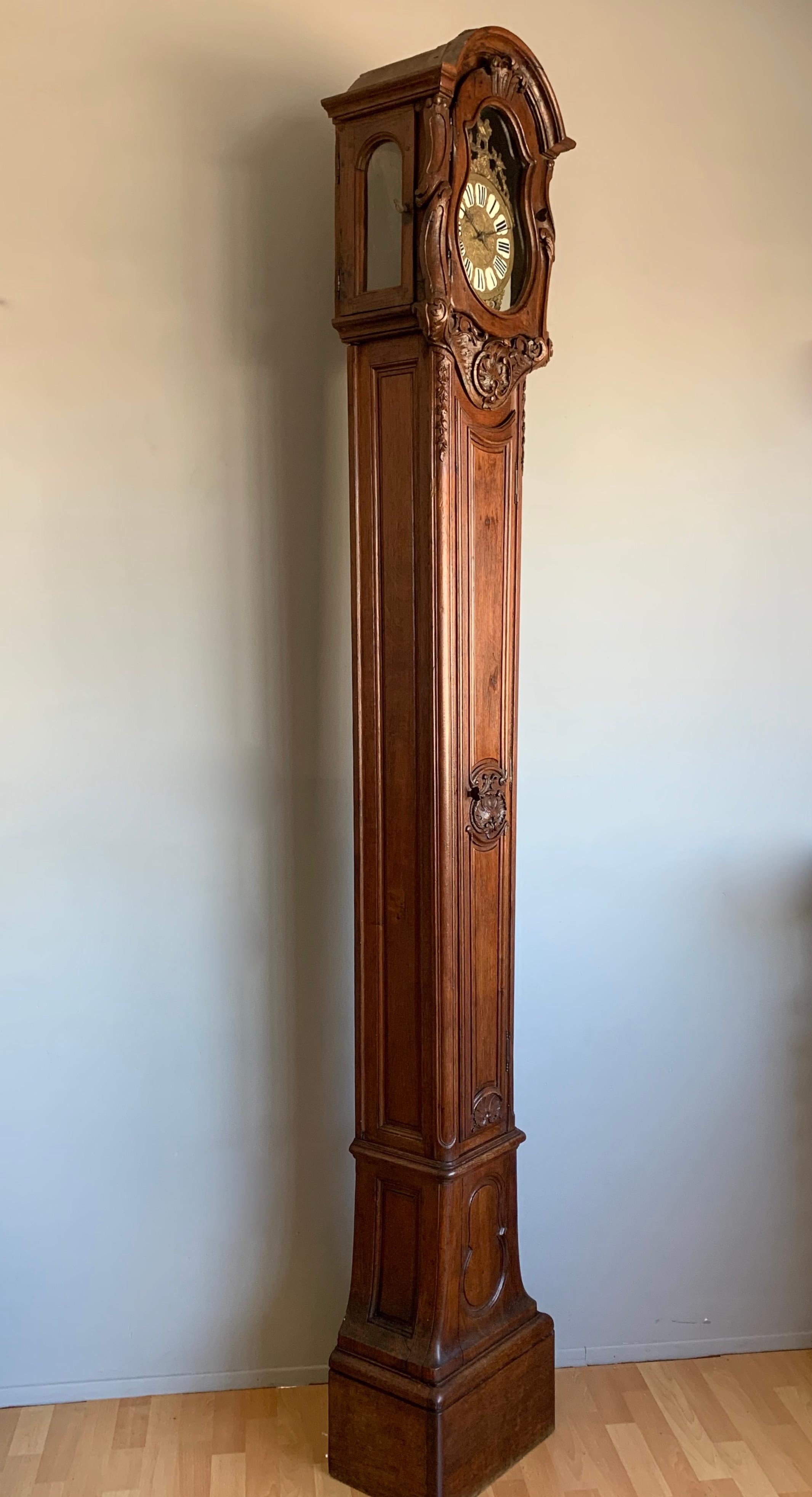 French Provincial 18th Century Elegant French Louis XIV Hand Carved Tall Case Clock with Rooster For Sale