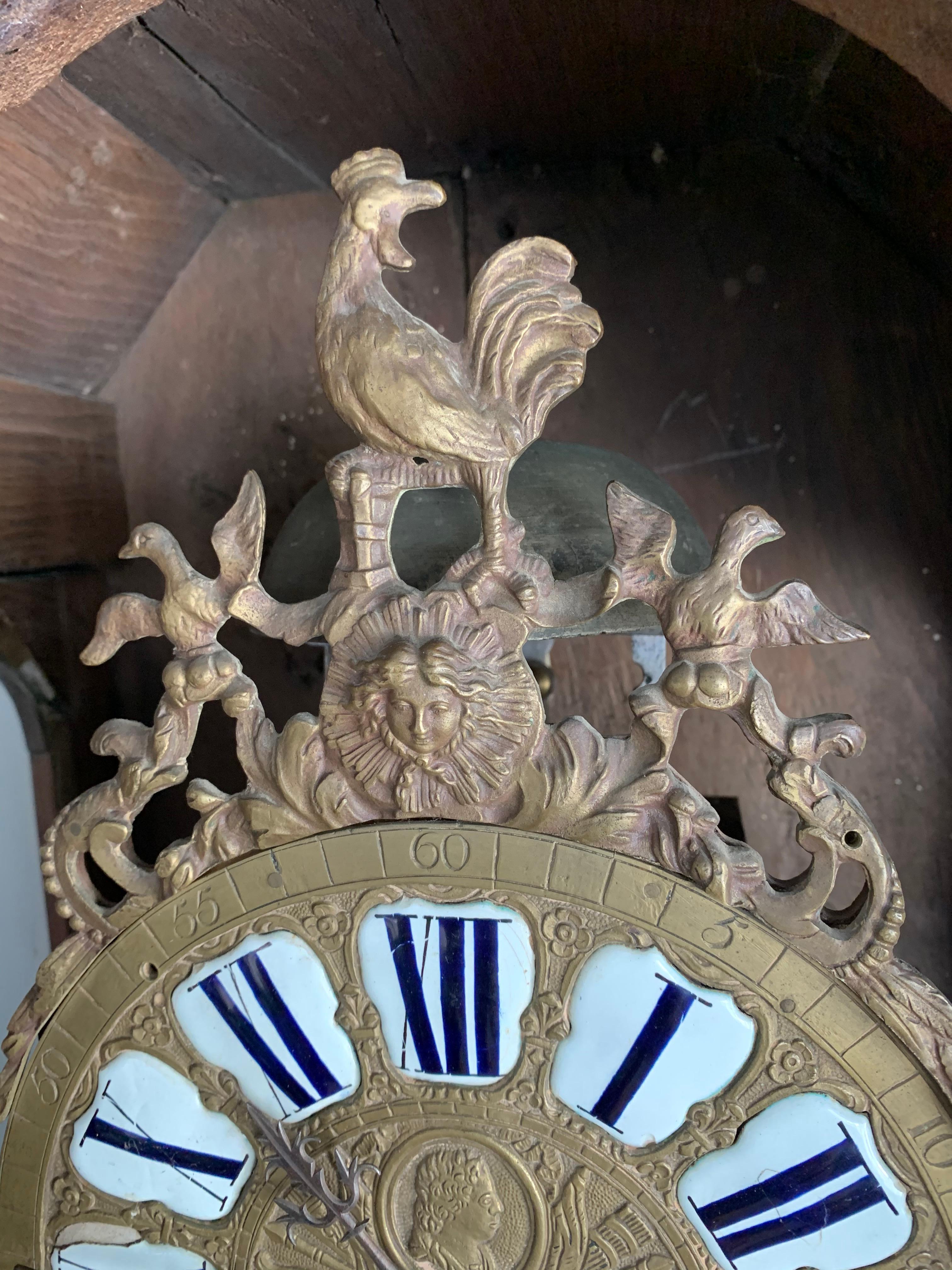 Oak 18th Century Elegant French Louis XIV Hand Carved Tall Case Clock with Rooster For Sale