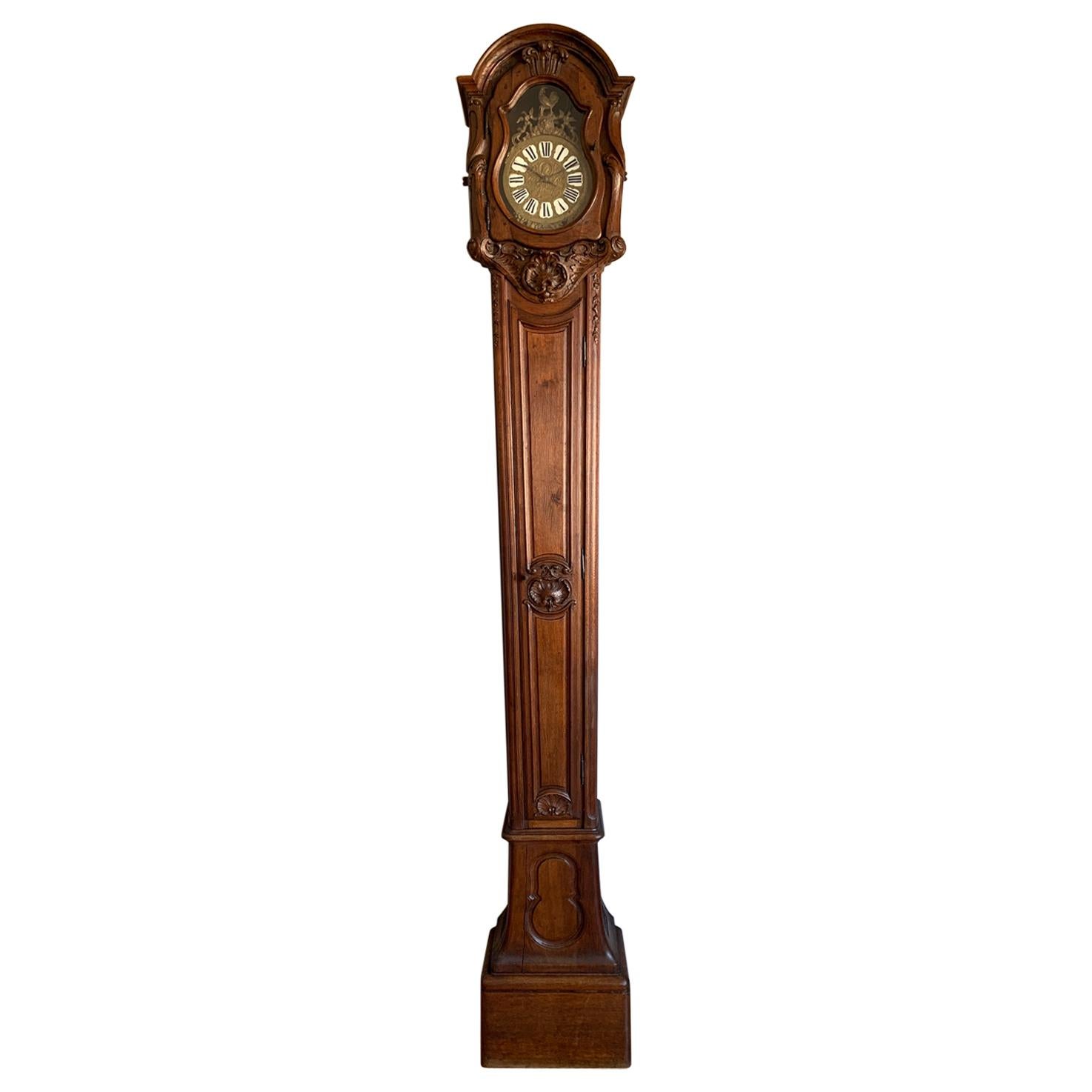 18th Century Elegant French Louis XIV Hand Carved Tall Case Clock with Rooster For Sale