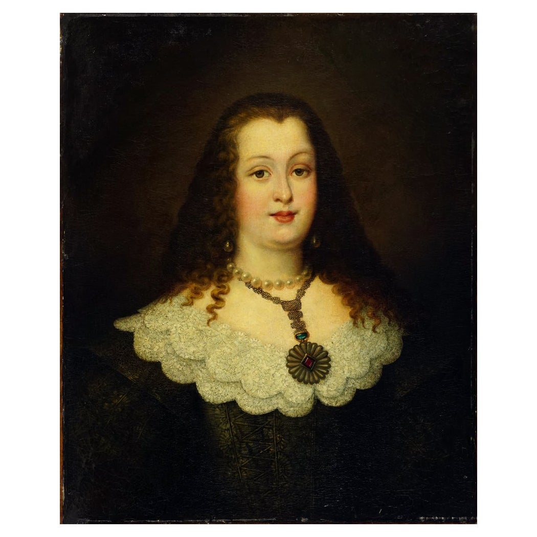 Siglo XVIII Elegante Retrato de Dama Noble con Collar y Colgante