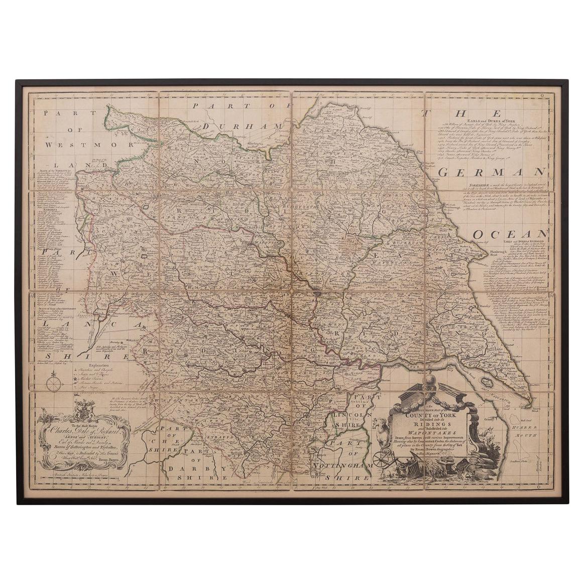 18th Century Emanuel Bowen Map of County of York, c.1740 For Sale