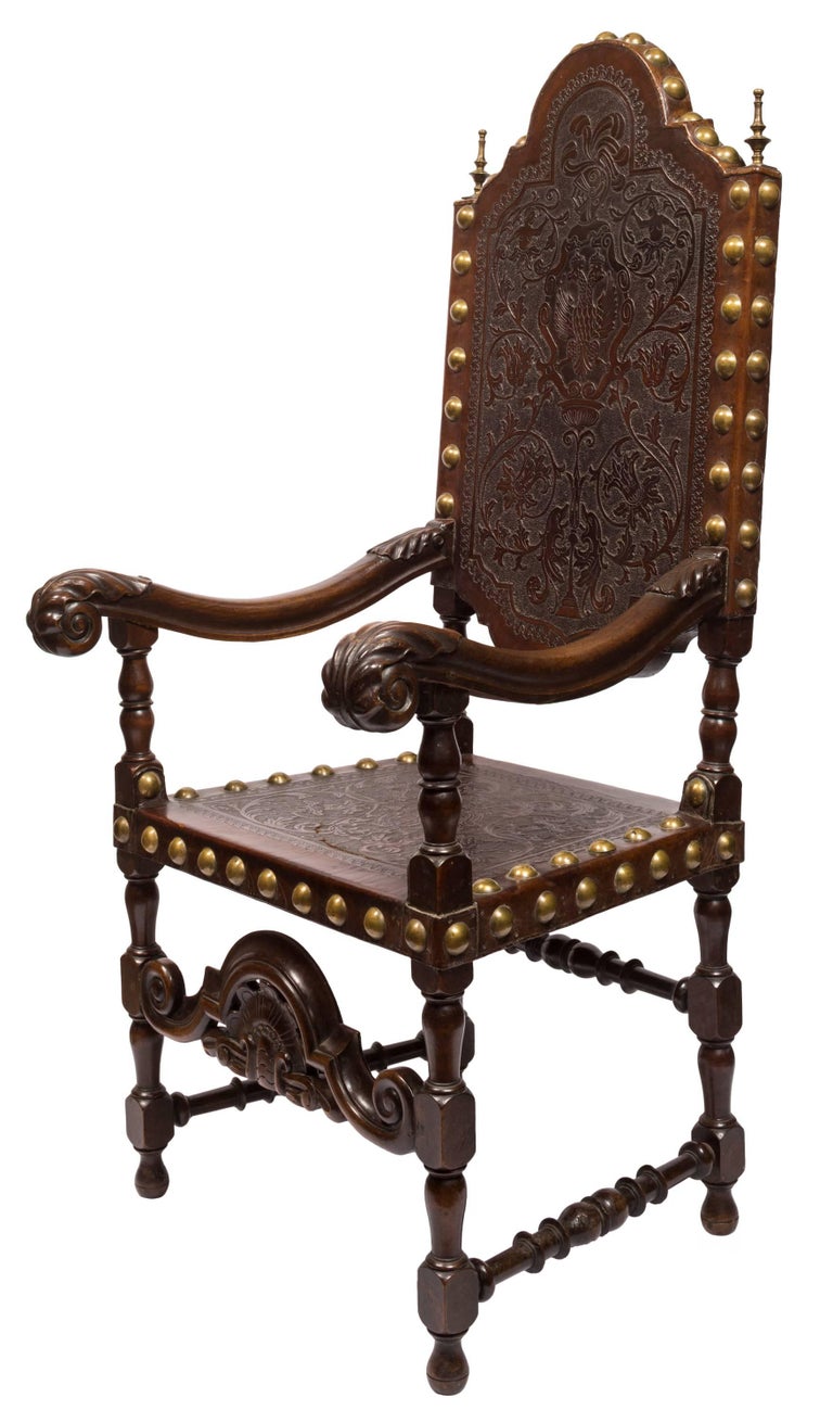 18th Century Embossed Leather Portuguese Armchair with Hand Carved