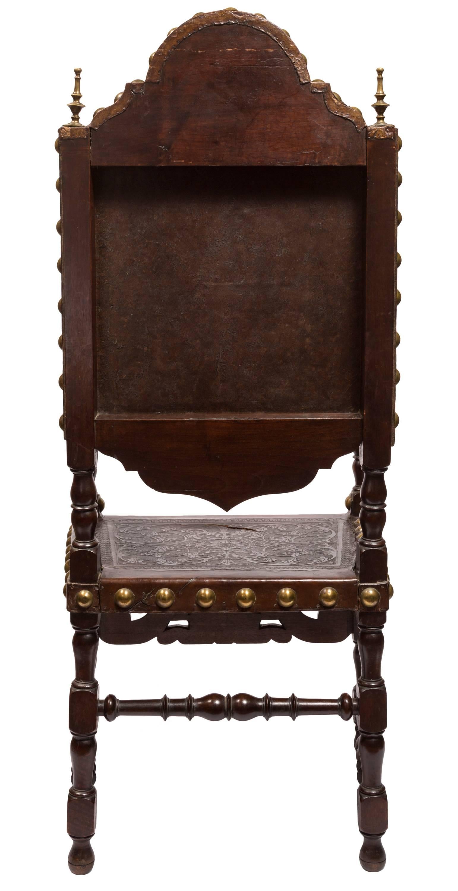 18th Century and Earlier 18th Century Embossed Leather Portuguese Armchair with Hand Carved Details