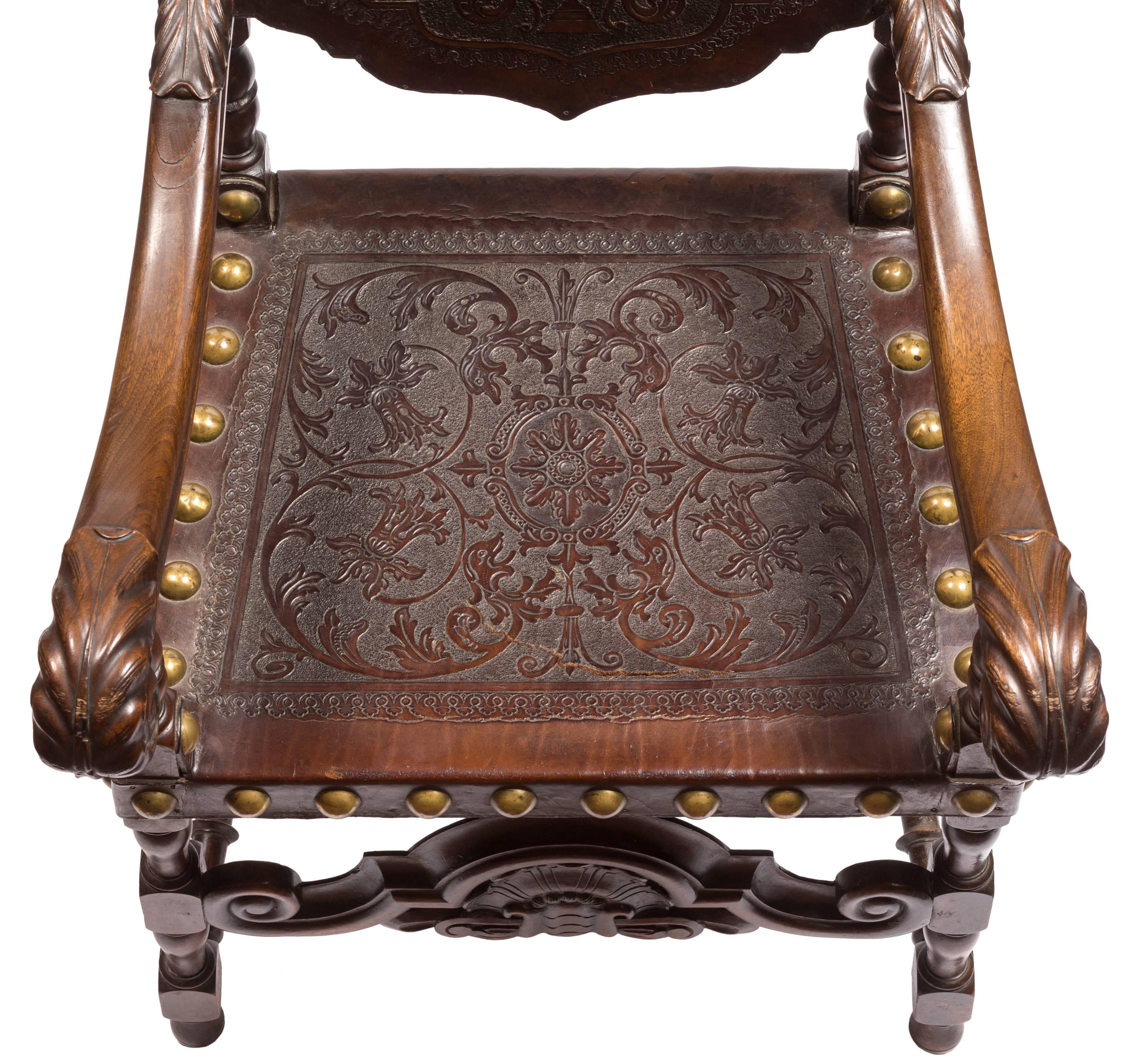 18th Century Embossed Leather Portuguese Armchair with Hand Carved Details 2