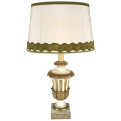 Antique 18th Century Empire Giltwood and White Italian Table Lamp with Oval Lampshade