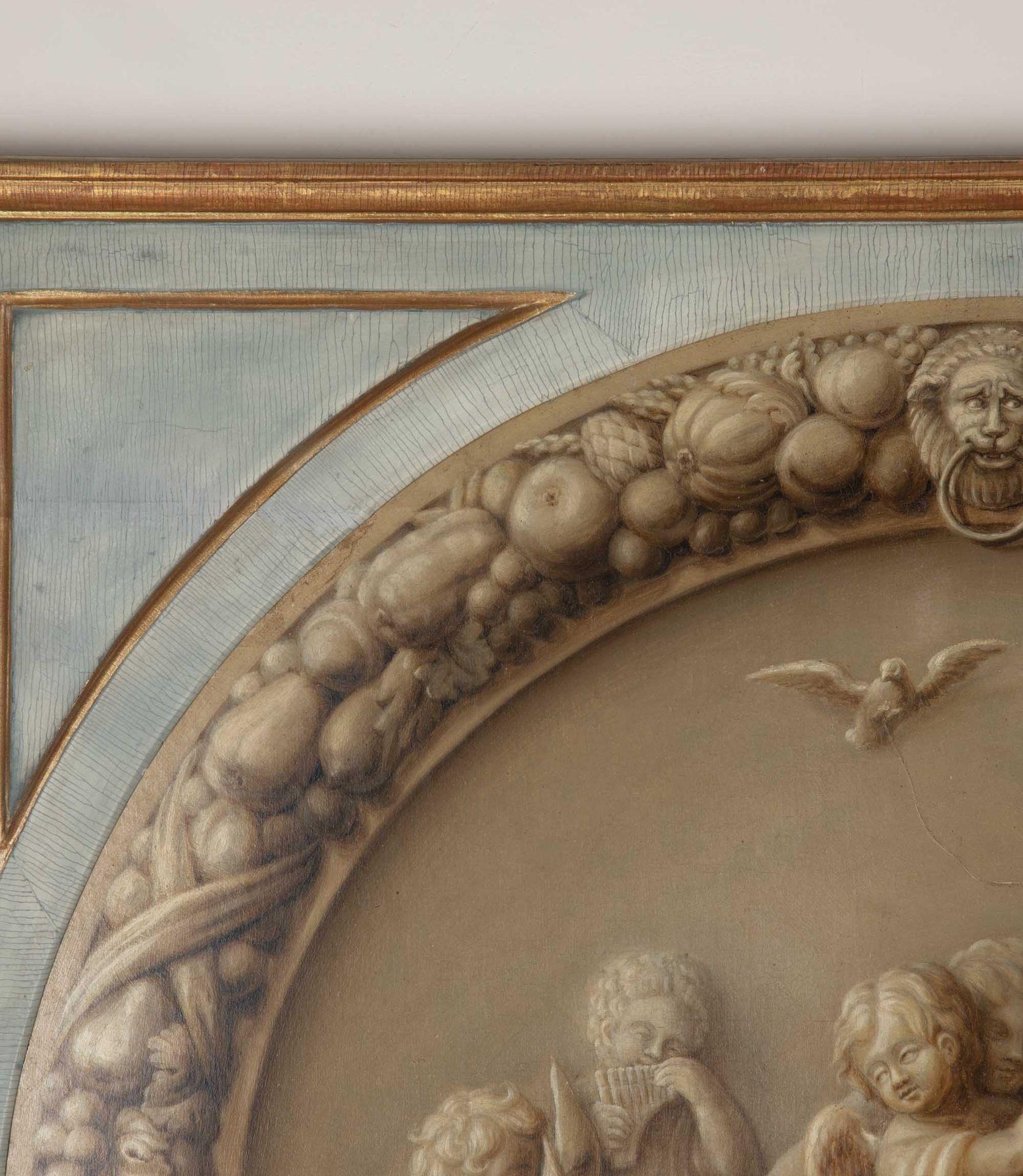 Ein ausgezeichnetes En Grisaille-Gemälde des 18. Jahrhunderts.
Die Lünette Öl auf Leinwand von einer fein detaillierten Szene von Putting und Tiere in einer Landschaft mit einer üppigen Frucht und foliate Grenze, später in einem faux shagreen