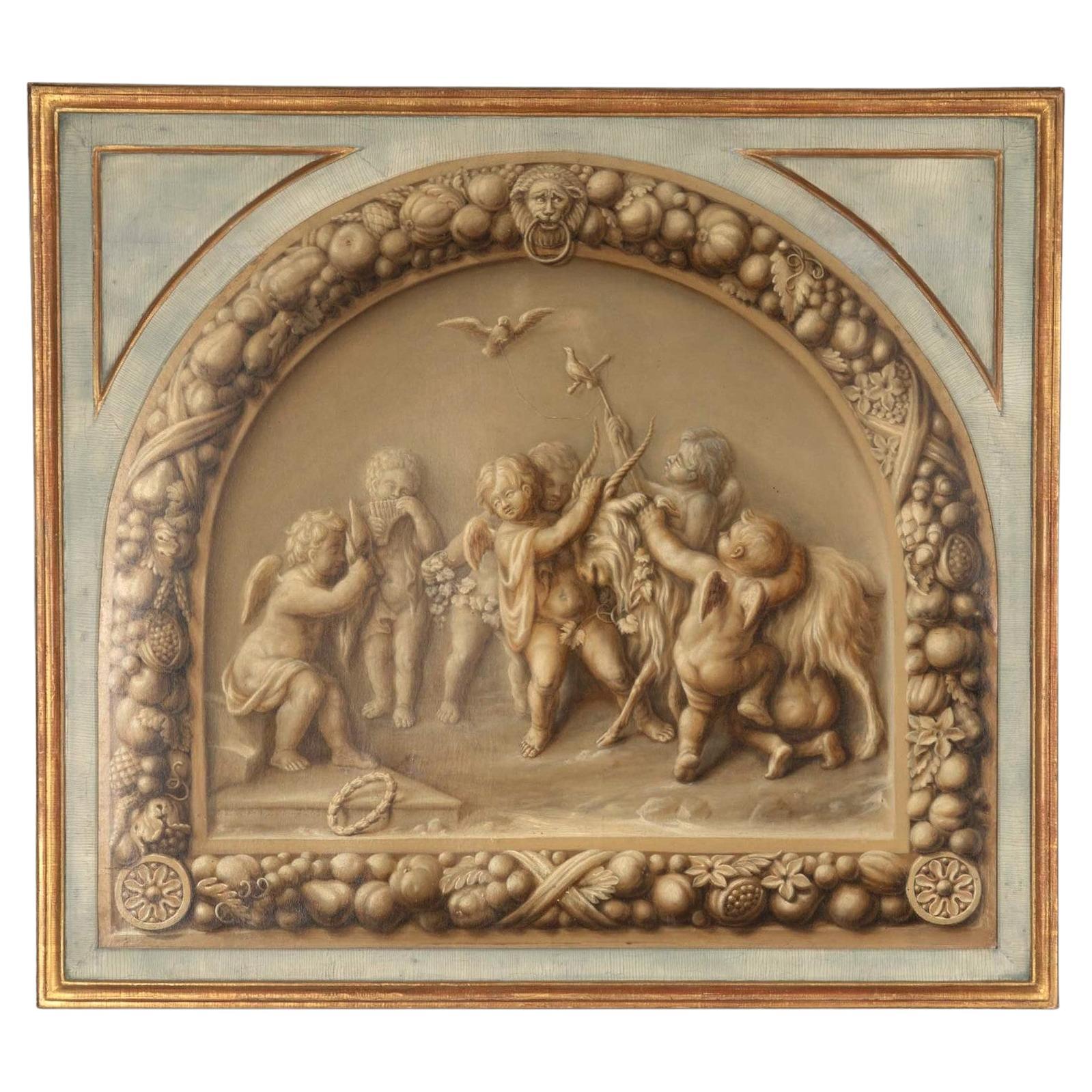 18th Century En Grisaille Painting with Cherubs