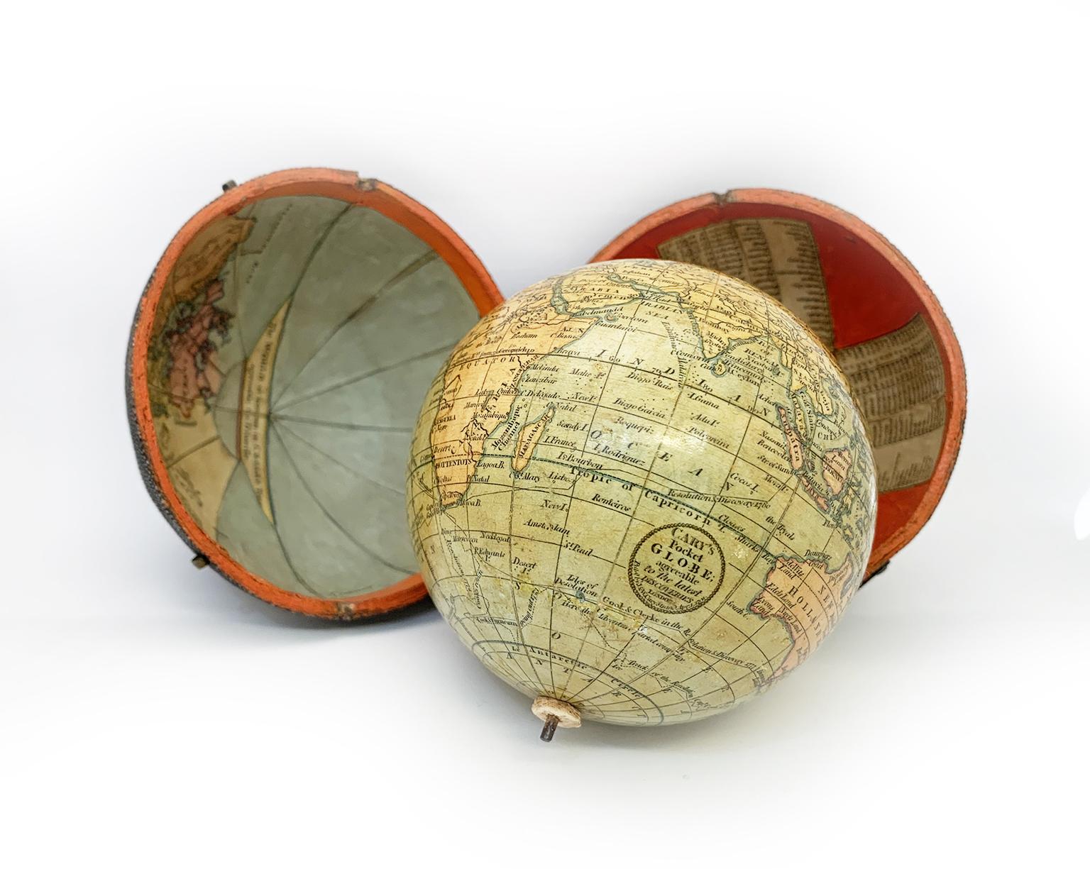 John and William Cary
Pocket globe
London, 1791

The pocket globe is contained in its original case, which itself is covered in shark skin.
Few and slight gaps in the original paint on the sphere.
It measures 3 in (7.70 cm) in diameter whereas